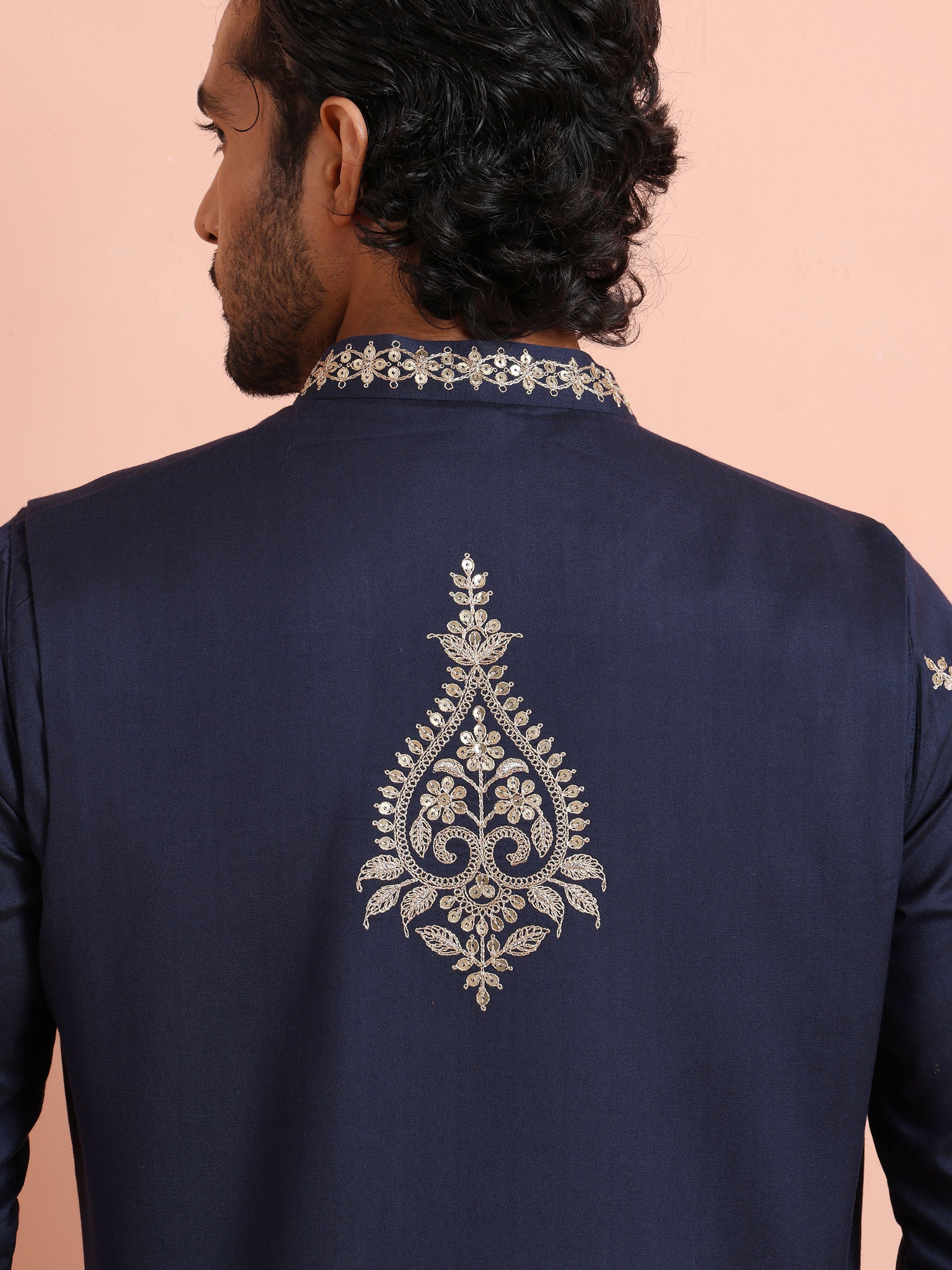 Navy Blue Silk Blend Embroidered Kurta Front Open Jacket Trouser Set - Image 6