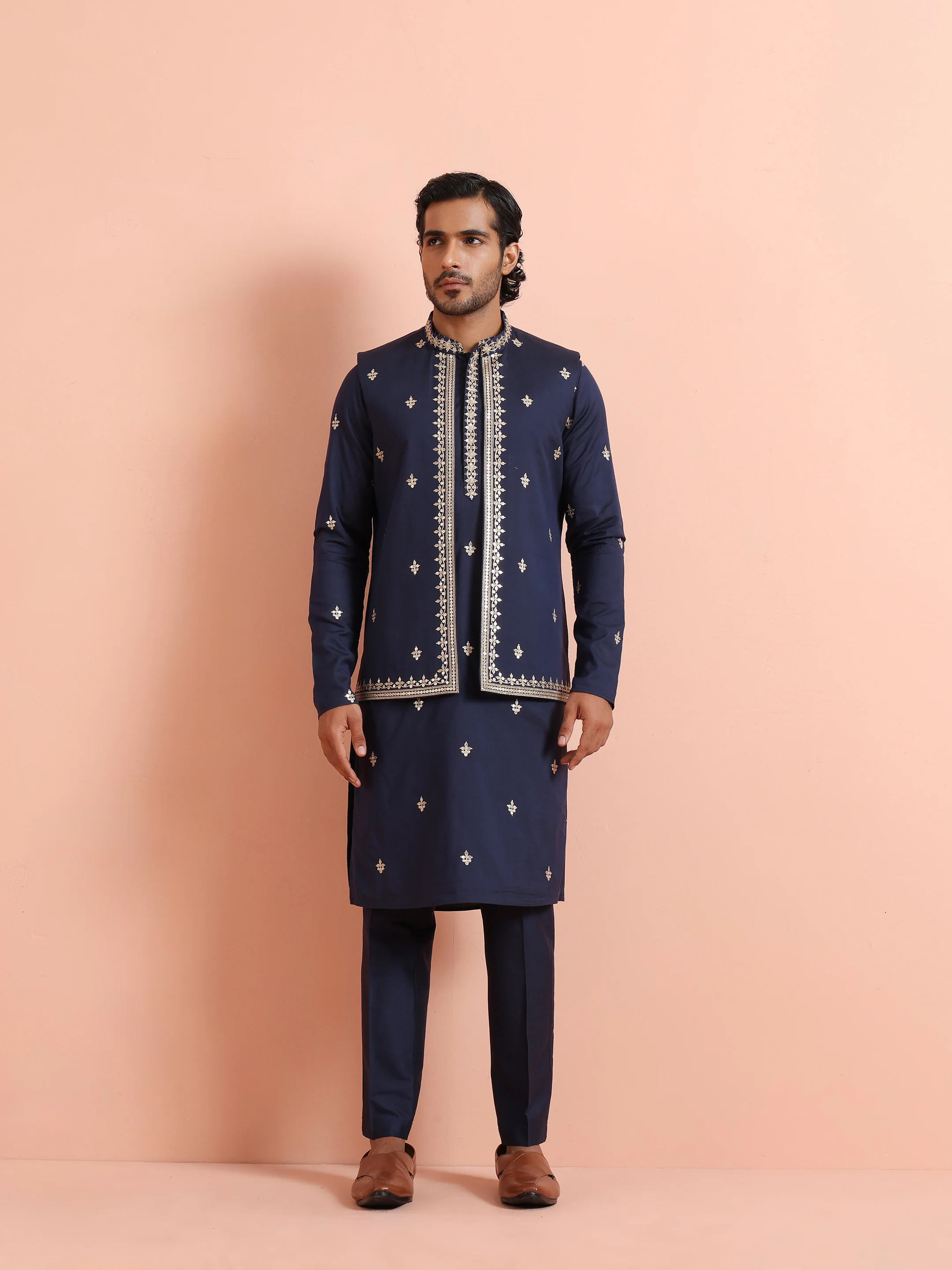 Navy Blue Silk Blend Embroidered Kurta Front Open Jacket Trouser Set - Image 7