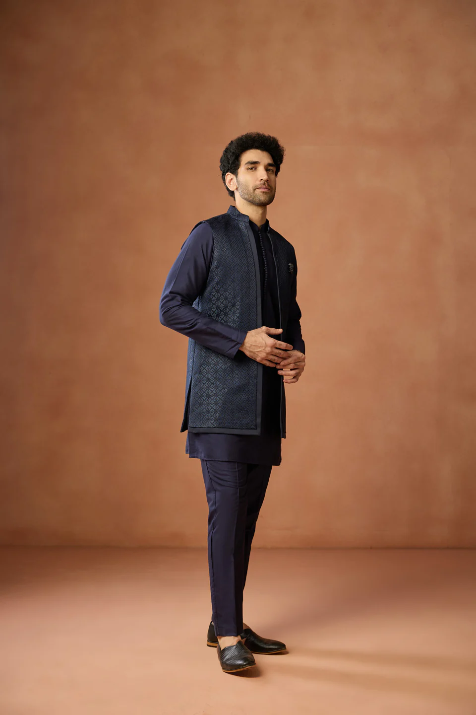 Navy Blue Silk Blend Jacket Kurta Trouser Set - Image 3