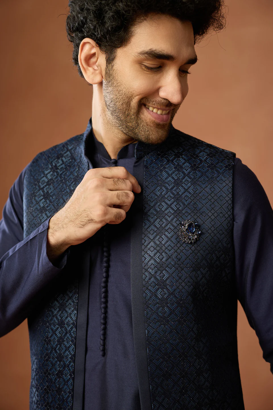 Navy Blue Silk Blend Jacket Kurta Trouser Set - Image 5