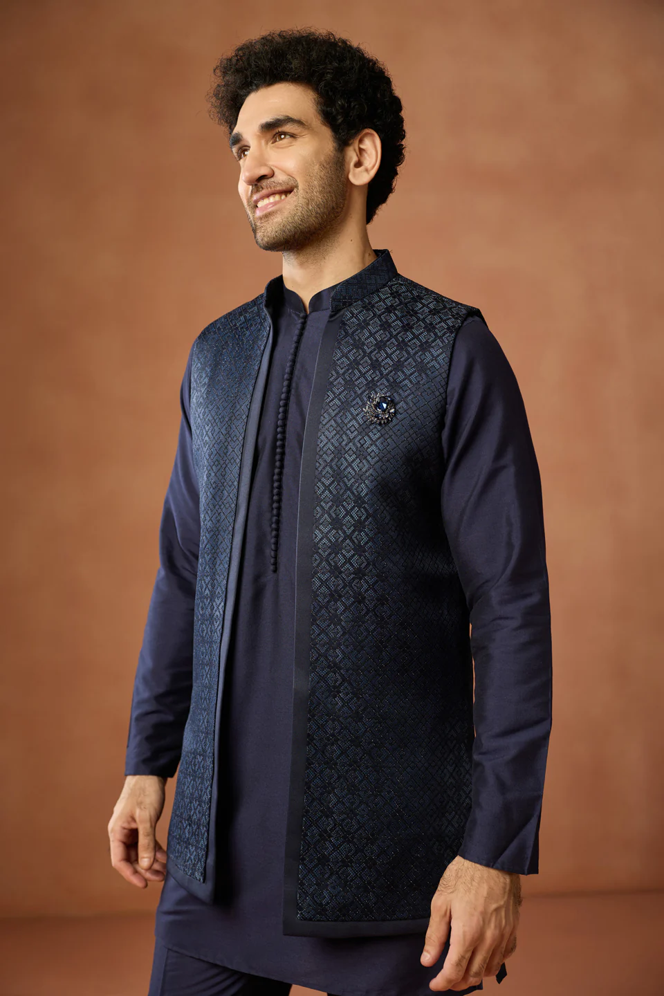 Navy Blue Silk Blend Jacket Kurta Trouser Set - Image 8