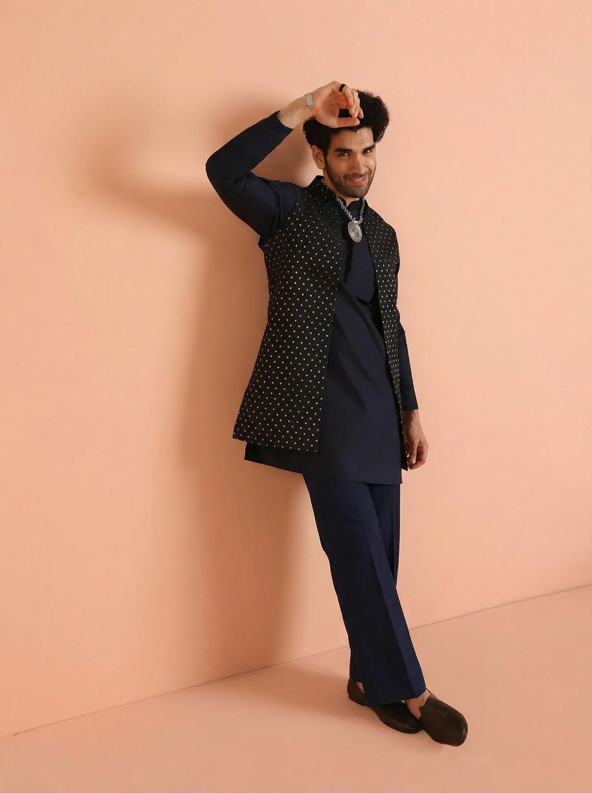 Navy Blue Silk Blend Jacquard Mid Kurta Front Open Jacket Wide Leg Trouser Set - Image 6