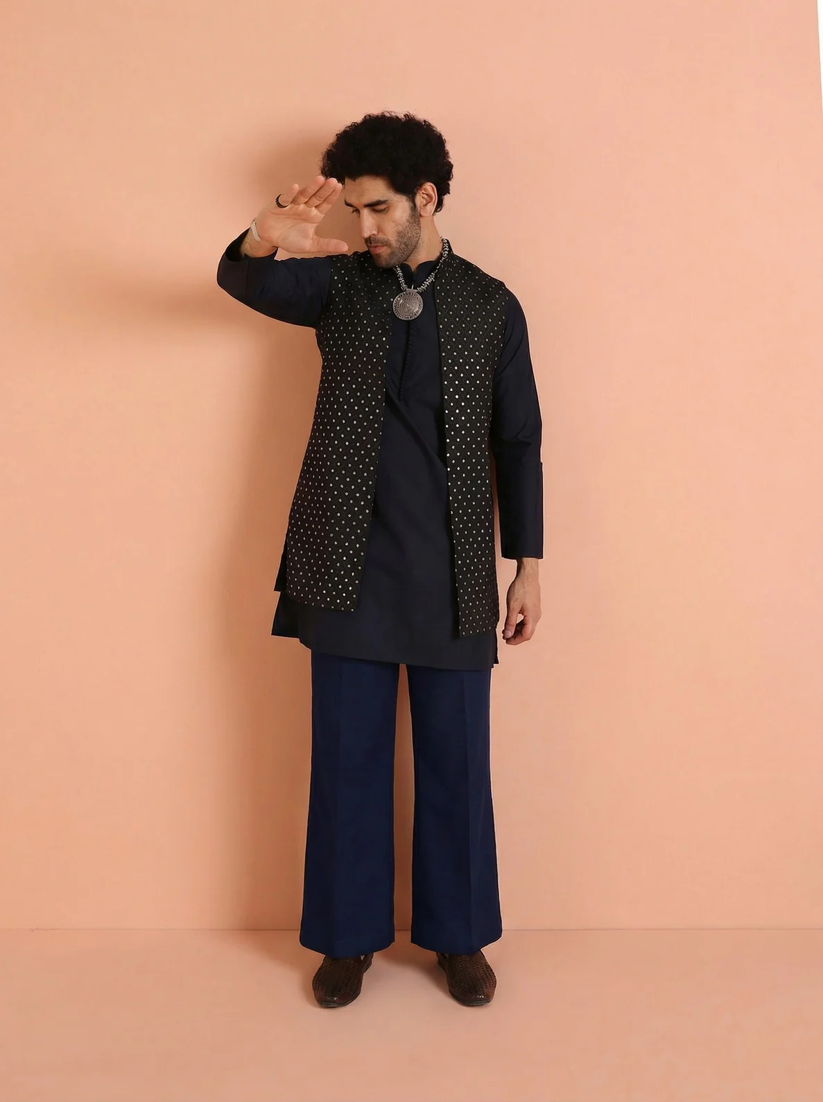 Navy Blue Silk Blend Jacquard Mid Kurta Front Open Jacket Wide Leg Trouser Set - Image 7