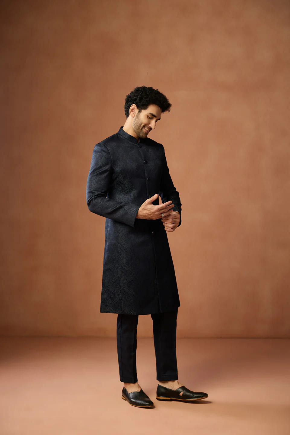 Navy Blue Silk Blend Long Sherwani Set - Image 2
