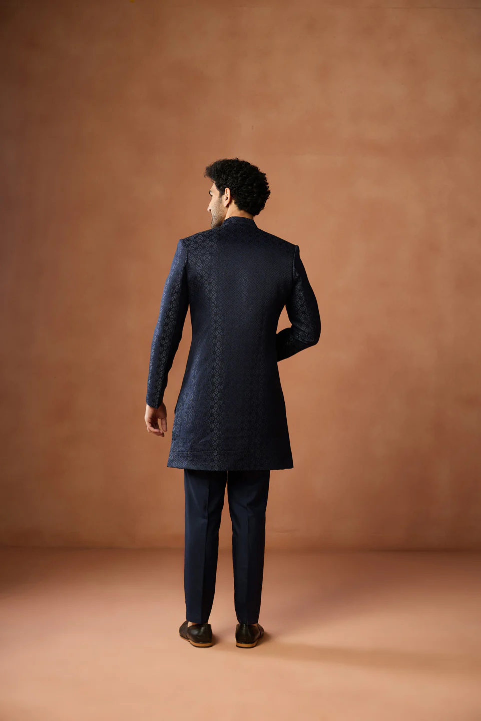 Navy Blue Silk Blend Jacquard Sherwani Set - Image 4