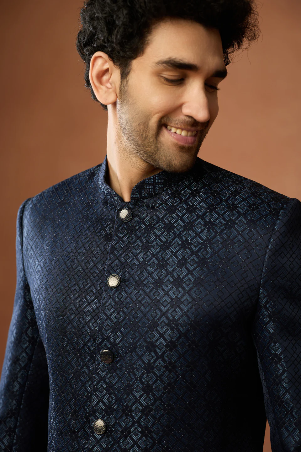 Navy Blue Silk Blend Jacquard Sherwani Set - Image 5