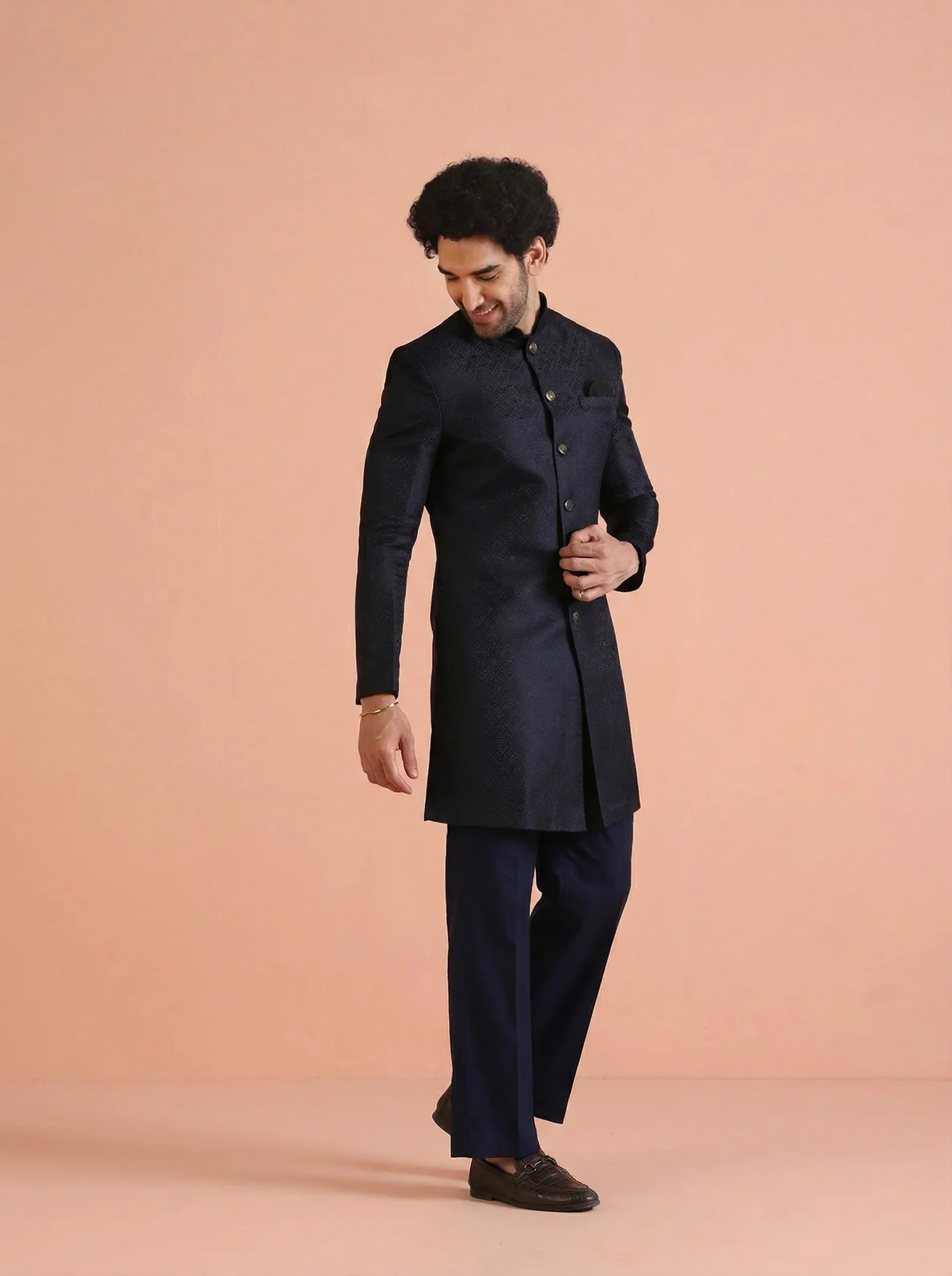 Navy Blue Silk Blend Jacquard Sherwani Wide Leg Trouser Set - Image 2