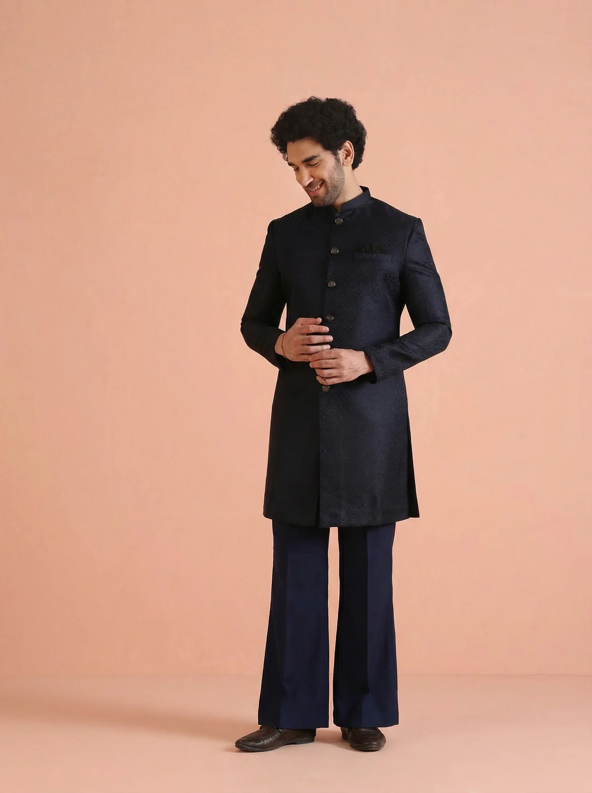 Navy Blue Silk Blend Jacquard Sherwani Wide Leg Trouser Set - Image 7