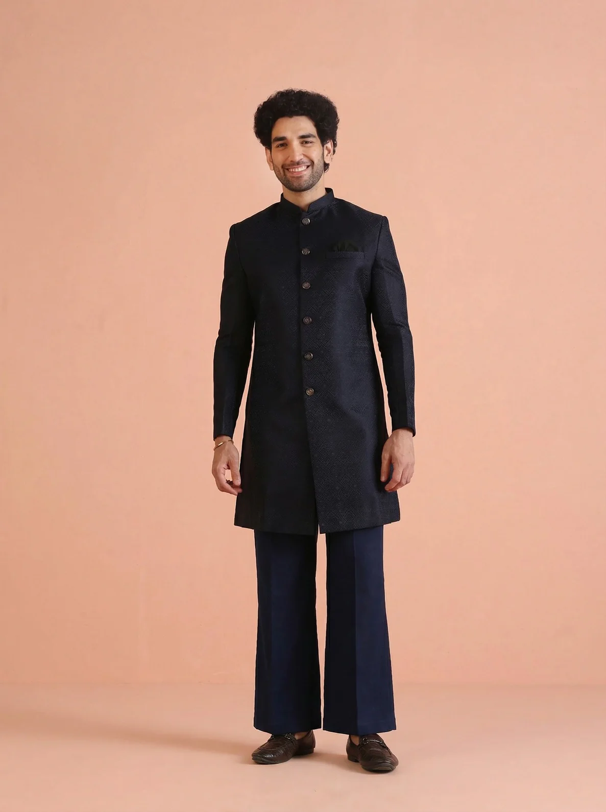Navy Blue Silk Blend Jacquard Sherwani Wide Leg Trouser Set - Image 8