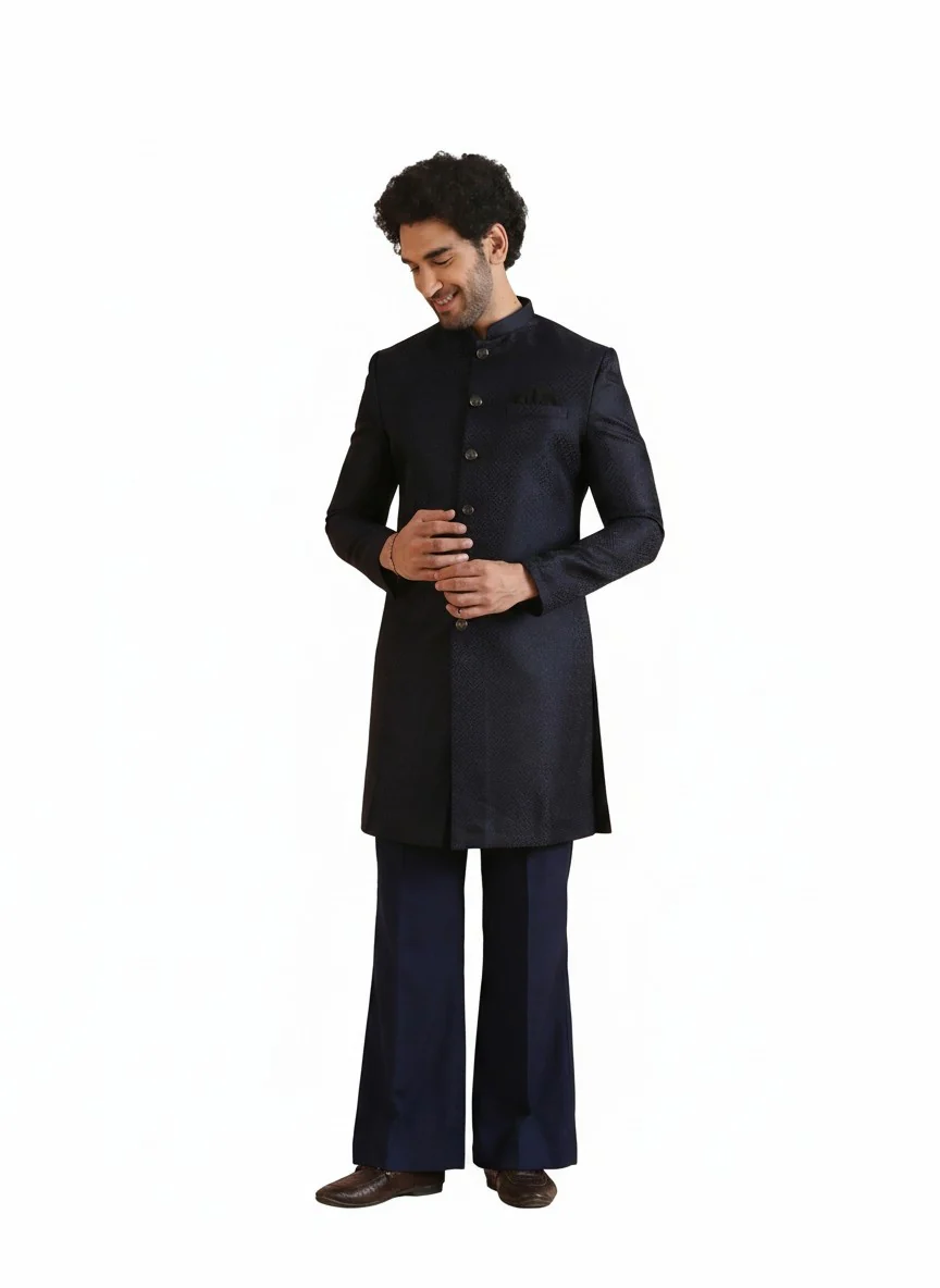 Navy Blue Silk Blend Jacquard Sherwani Wide Leg Trouser Set - Image 9
