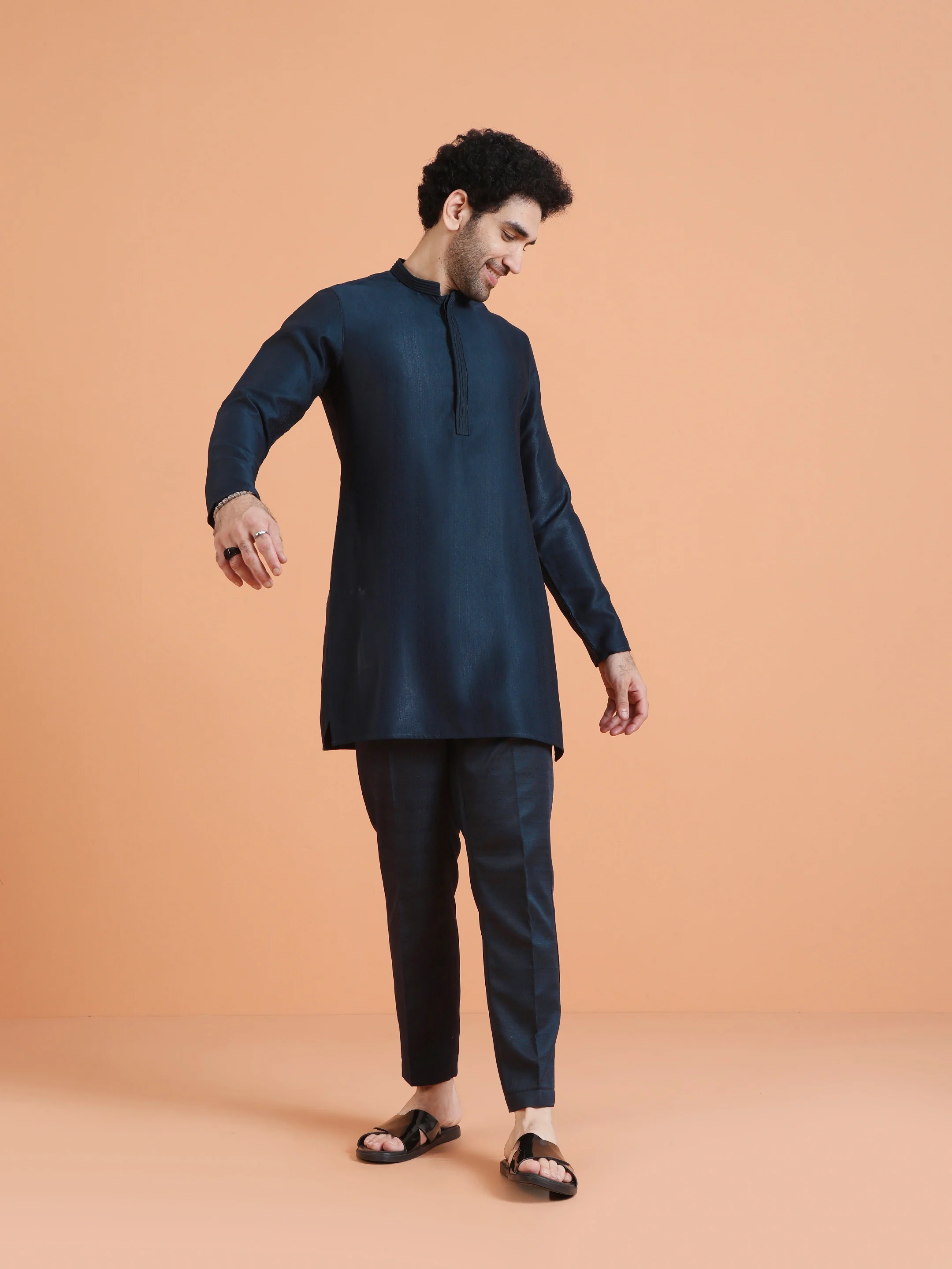 Navy Blue Silk Blend Kurta & Trouser Set - Image 2