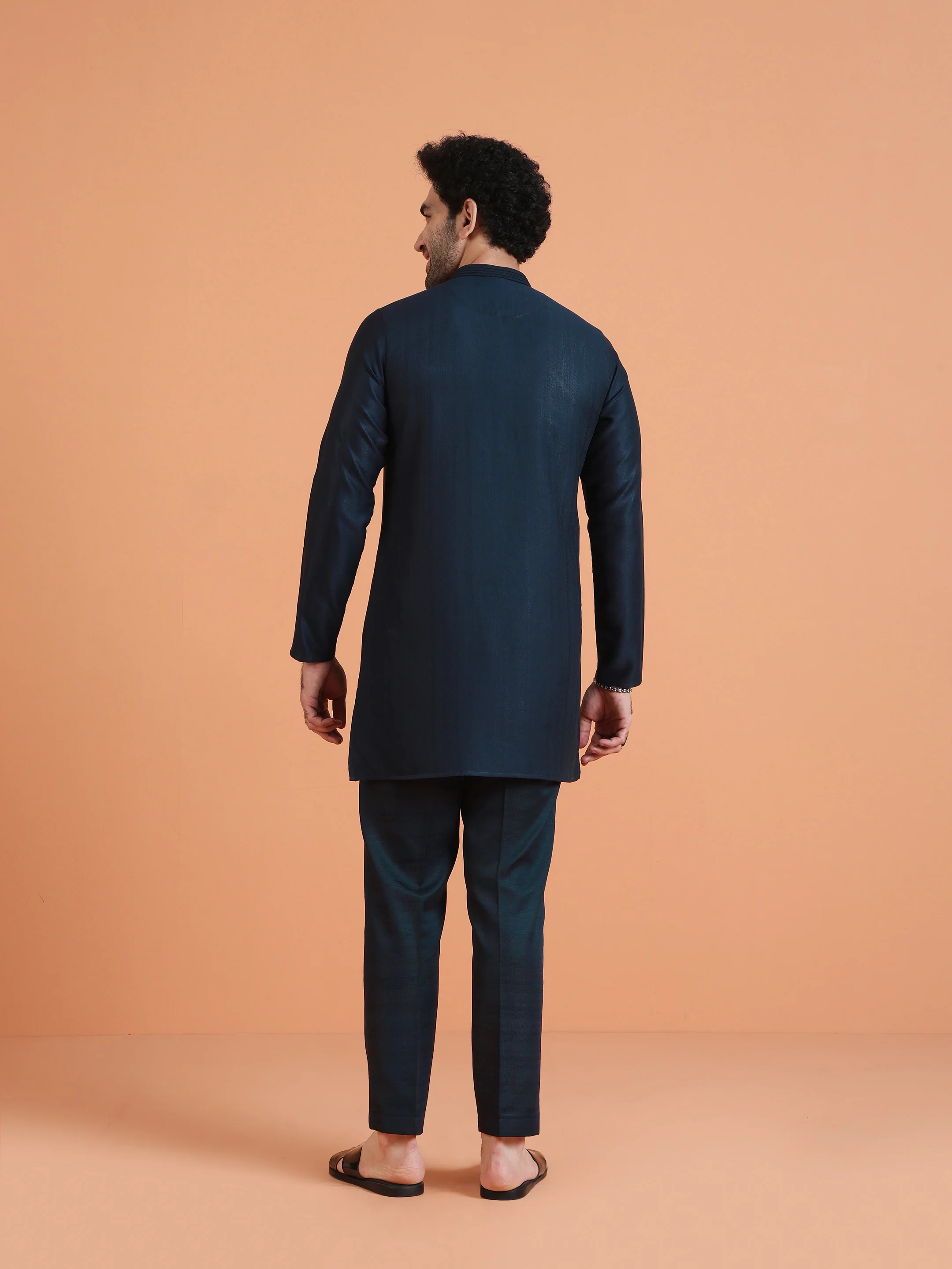 Navy Blue Silk Blend Kurta & Trouser Set - Image 4