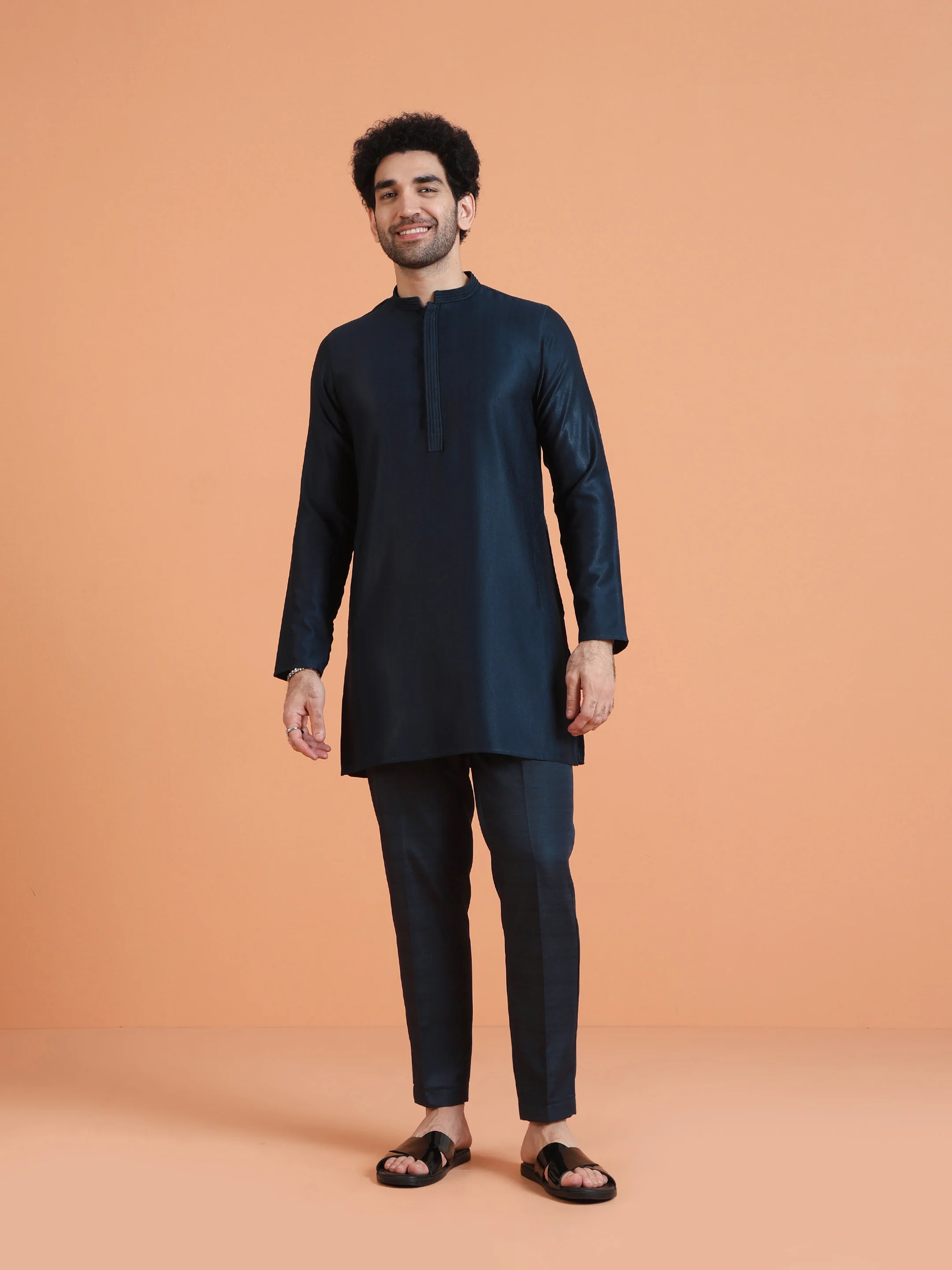 Navy Blue Silk Blend Kurta & Trouser Set - Image 7