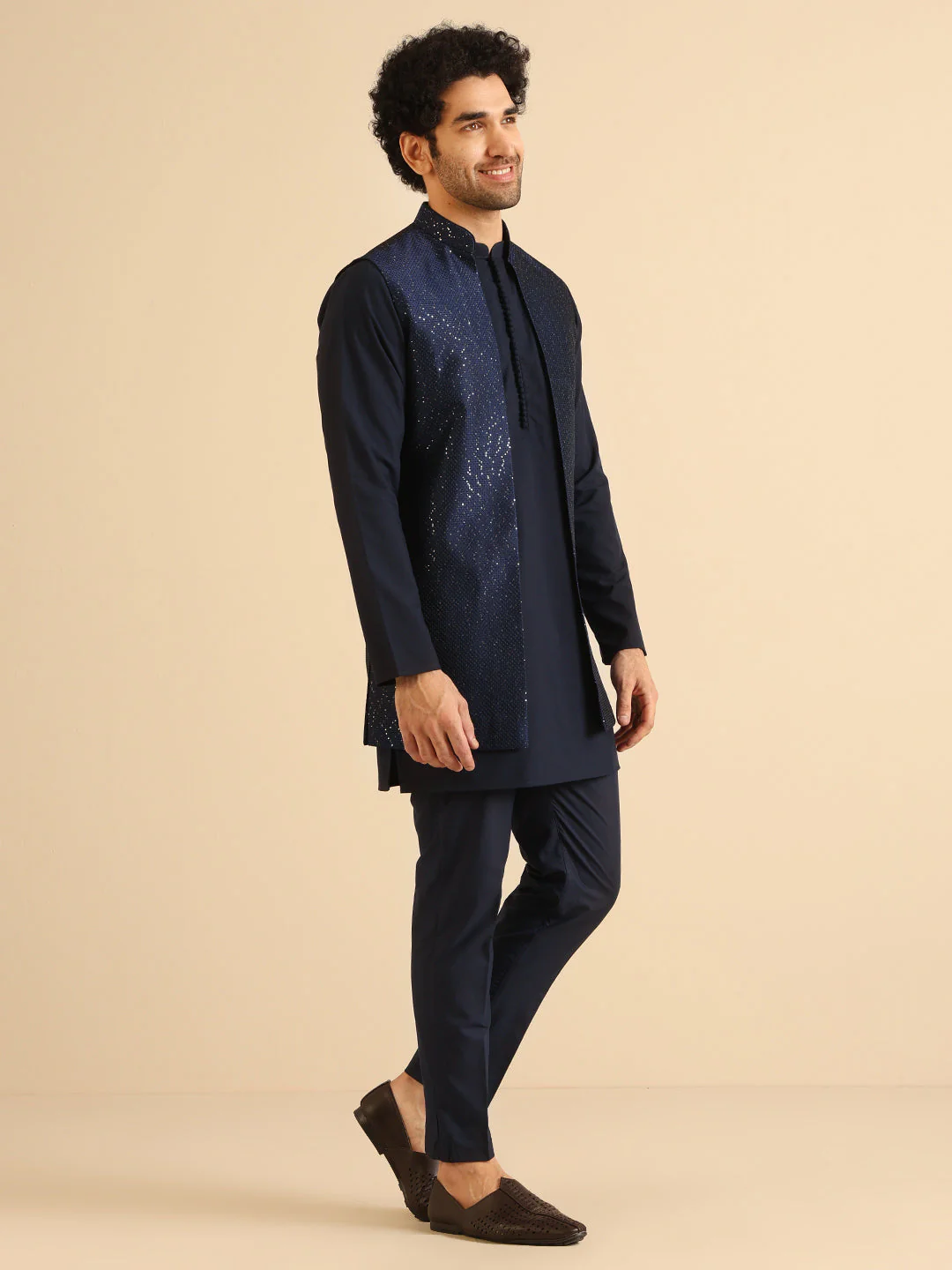 Navy Blue Silk Blend Metallic Jacket Kurta Trouser Set - Image 2