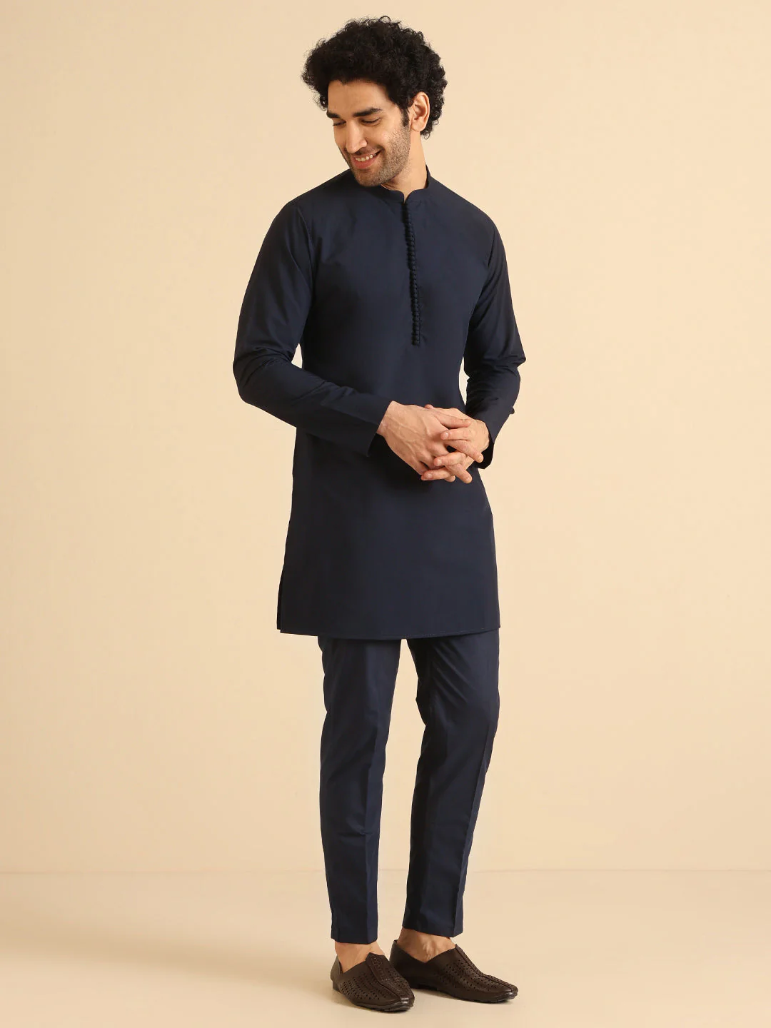 Navy Blue Silk Blend Metallic Jacket Kurta Trouser Set - Image 5