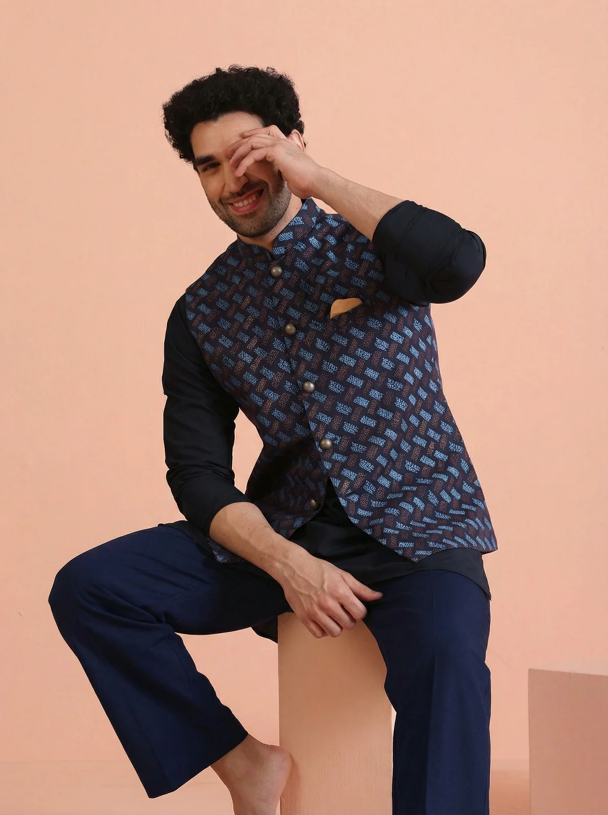 Navy Blue Silk Blend Printed Mid Kurta Jacket Wide Leg Trouser Set - Image 2