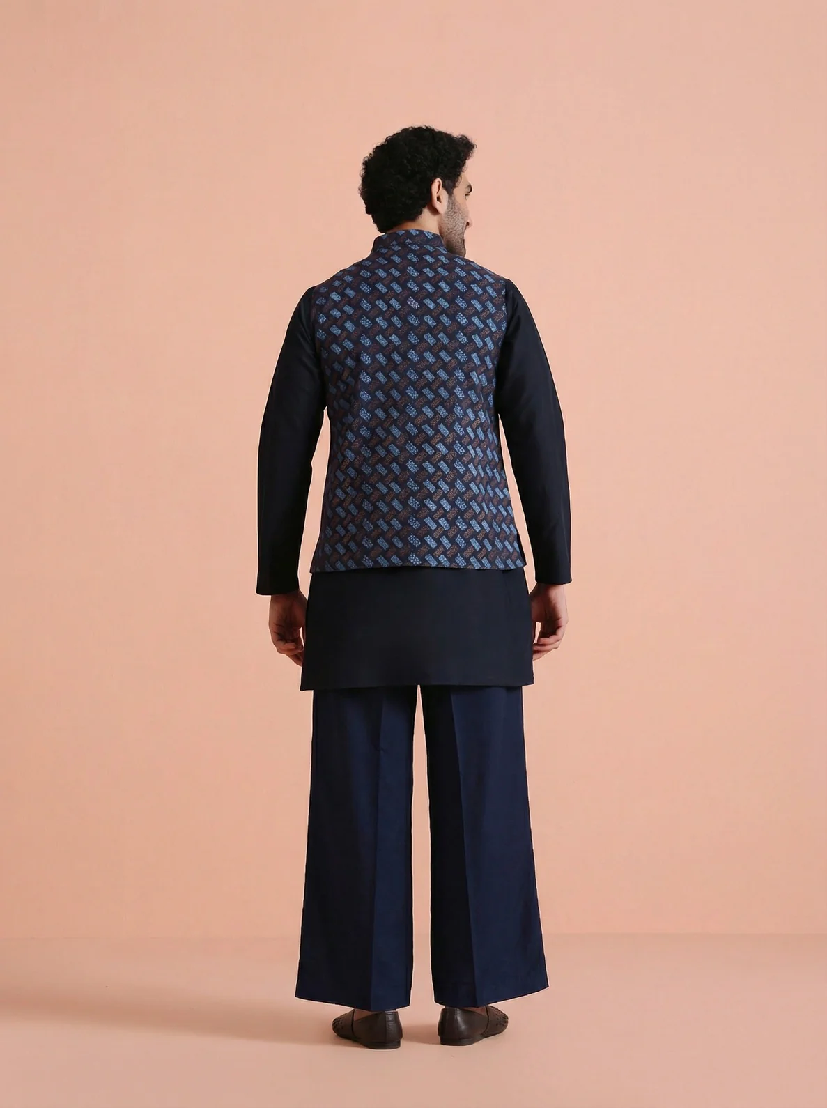 Navy Blue Silk Blend Printed Mid Kurta Jacket Wide Leg Trouser Set - Image 3