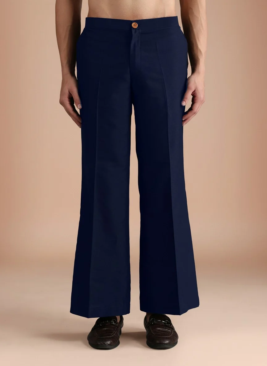 Navy Blue Silk Blend Printed Mid Kurta Jacket Wide Leg Trouser Set - Image 5
