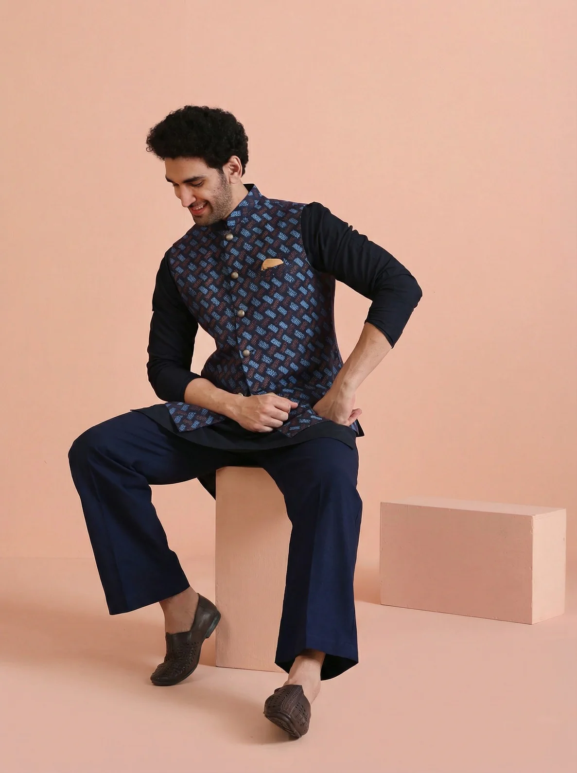 Navy Blue Silk Blend Printed Mid Kurta Jacket Wide Leg Trouser Set - Image 7