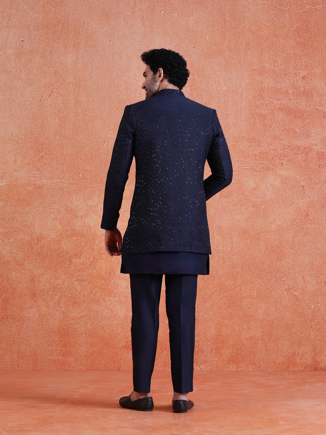 Navy Blue Silk Blend Sequin Mid Kurta Front Open Double Layer Short Sherwani Trouser Set - Image 4
