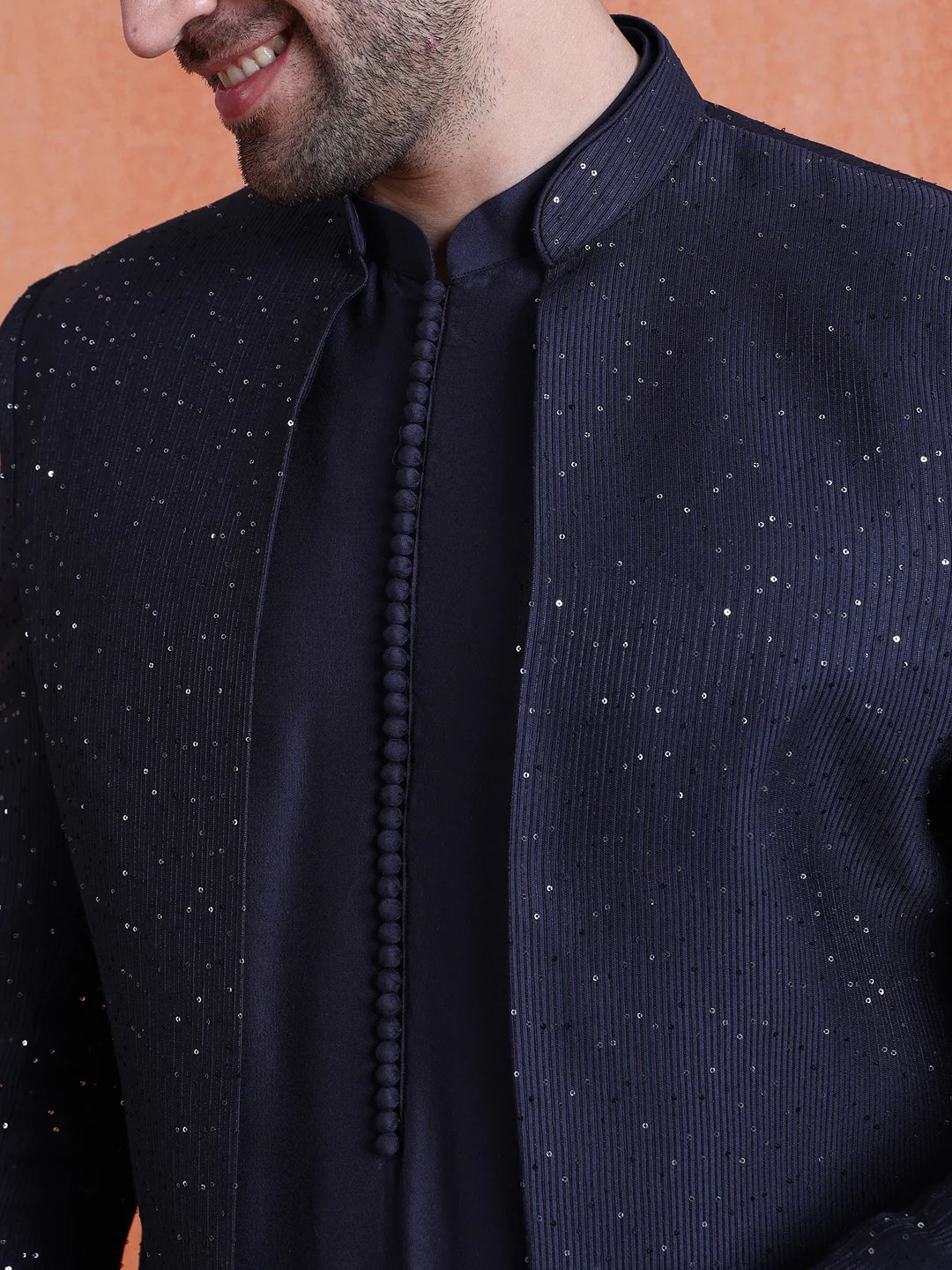 Navy Blue Silk Blend Sequin Mid Kurta Front Open Double Layer Short Sherwani Trouser Set - Image 5