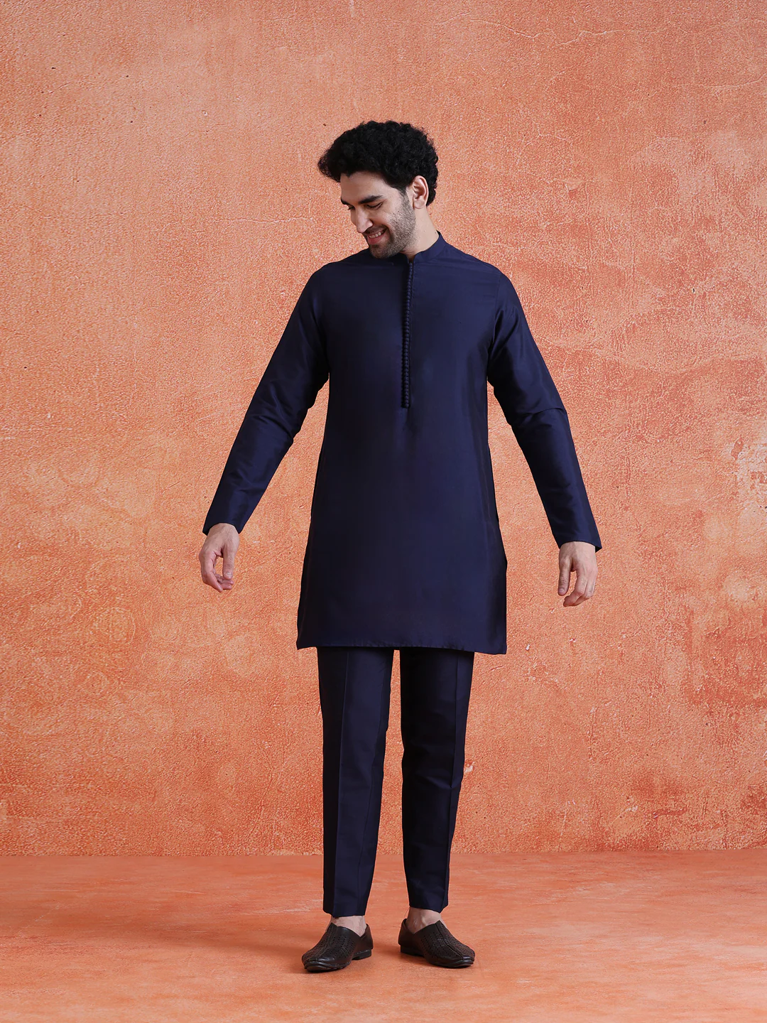 Navy Blue Silk Blend Sequin Mid Kurta Front Open Double Layer Short Sherwani Trouser Set - Image 7
