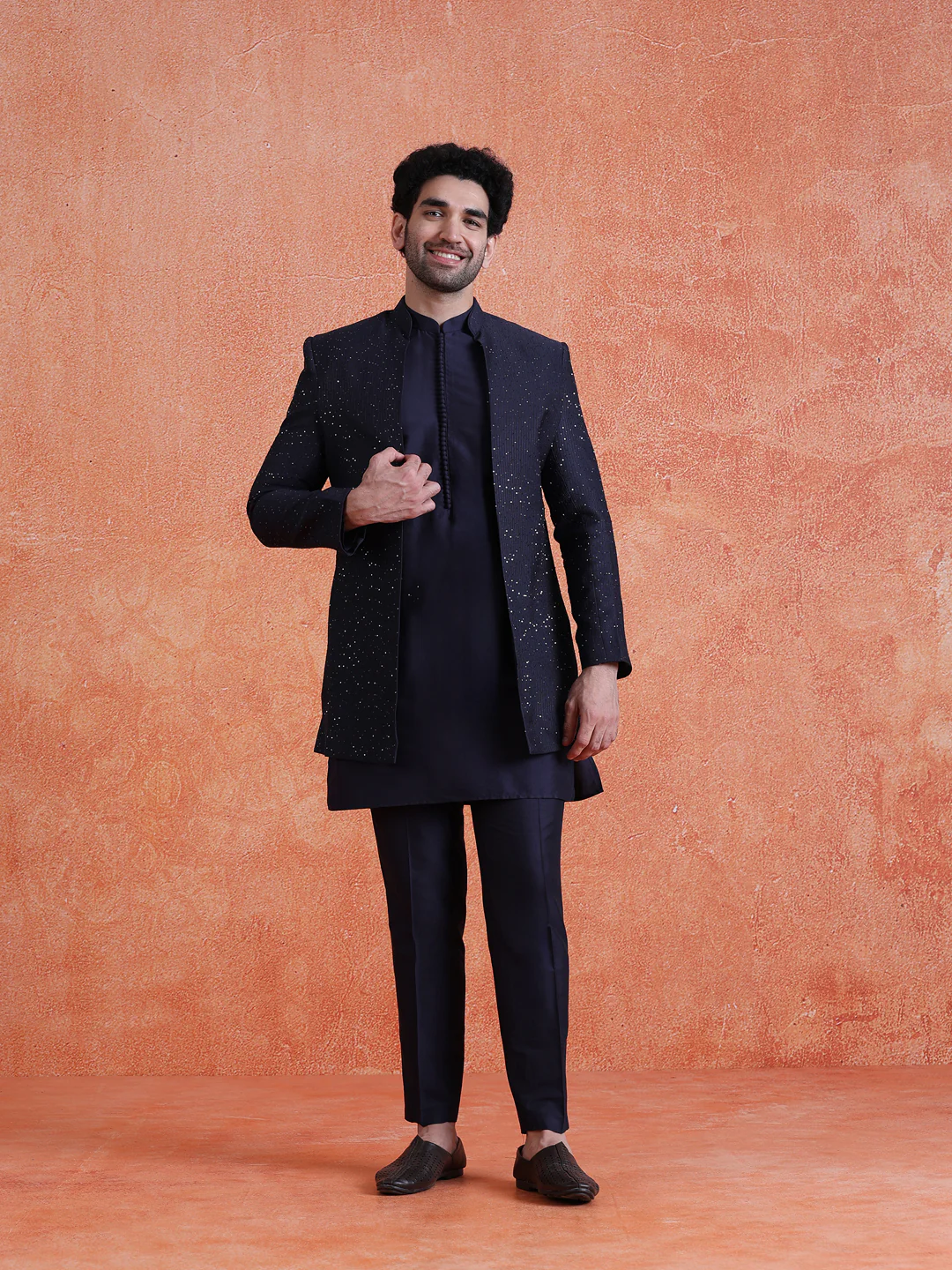 Navy Blue Silk Blend Sequin Mid Kurta Front Open Double Layer Short Sherwani Trouser Set - Image 8