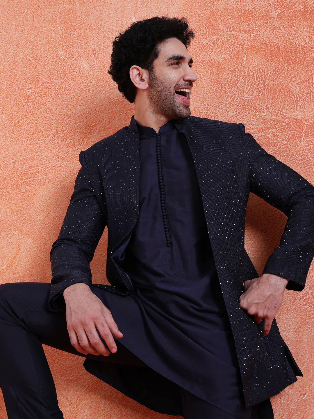 Navy Blue Silk Blend Sequin Mid Kurta Front Open Double Layer Short Sherwani Trouser Set - Image 9