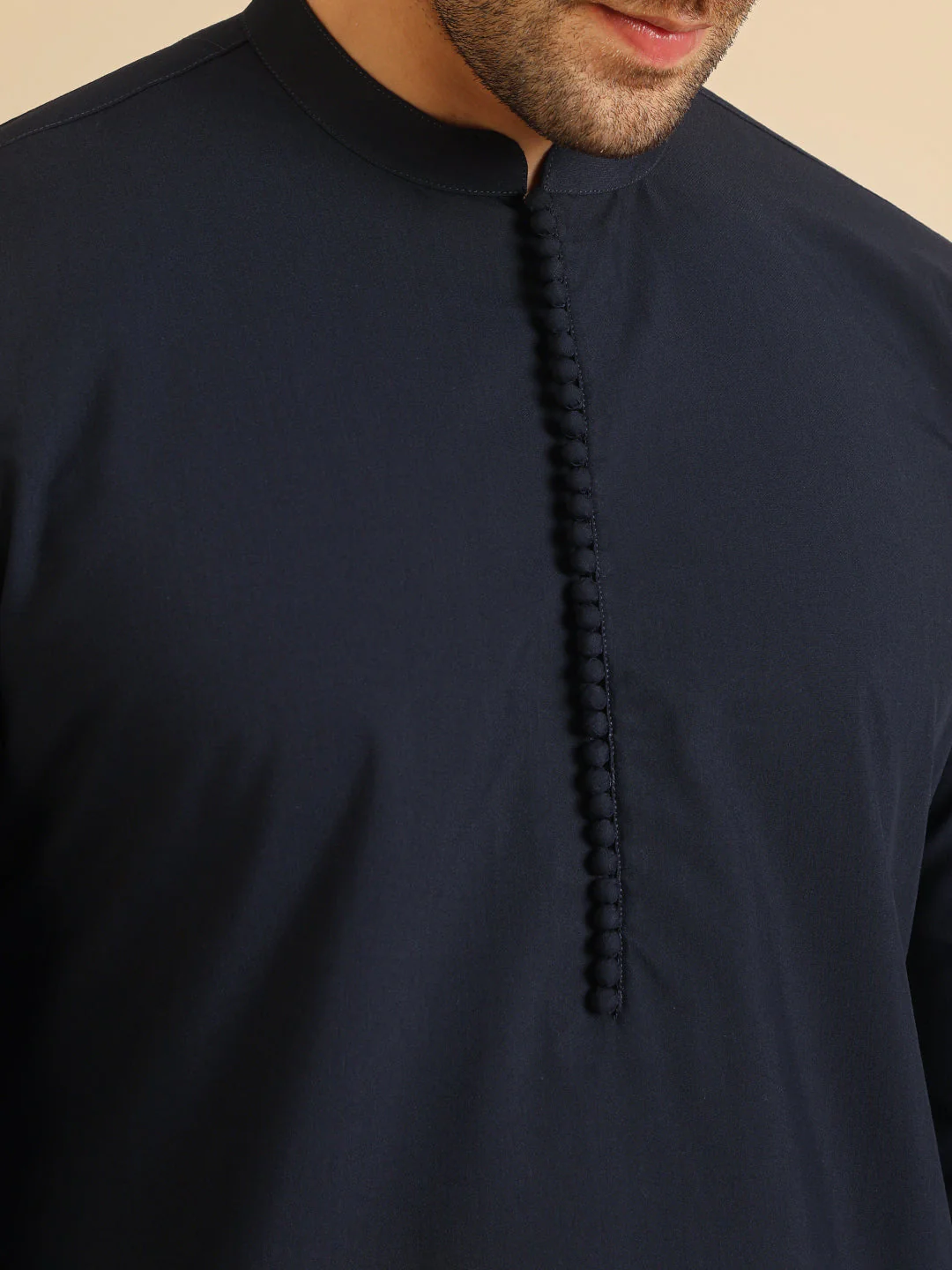 Navy Blue Silk Blend Solid Mid Kurta Trouser Set - Image 5