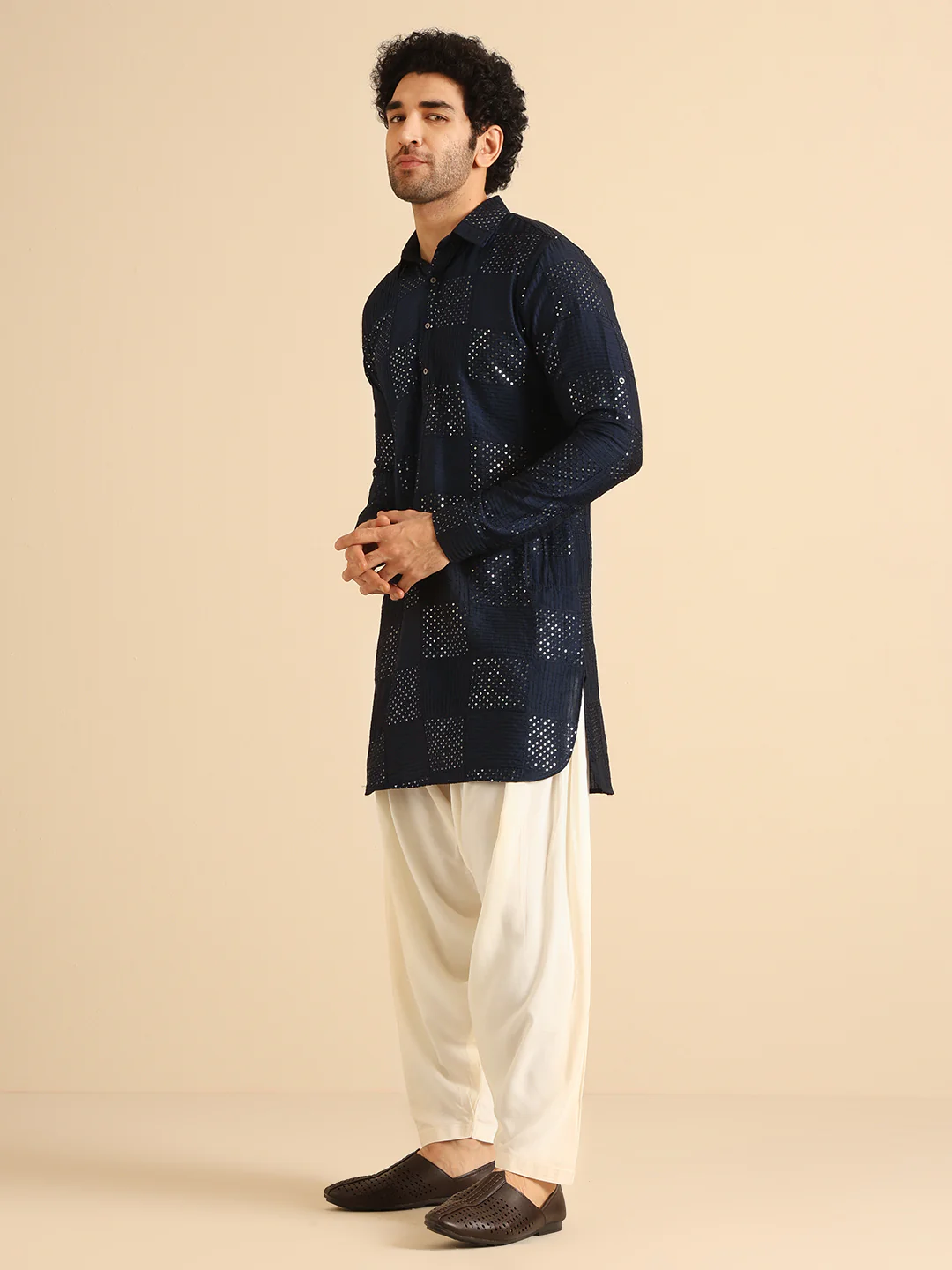 Navy Blue Silk Blend Textured Long Pathani Kurta - Image 3