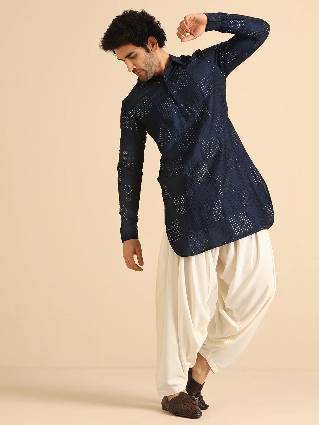 Navy Blue Silk Blend Textured Long Pathani Kurta - Image 6
