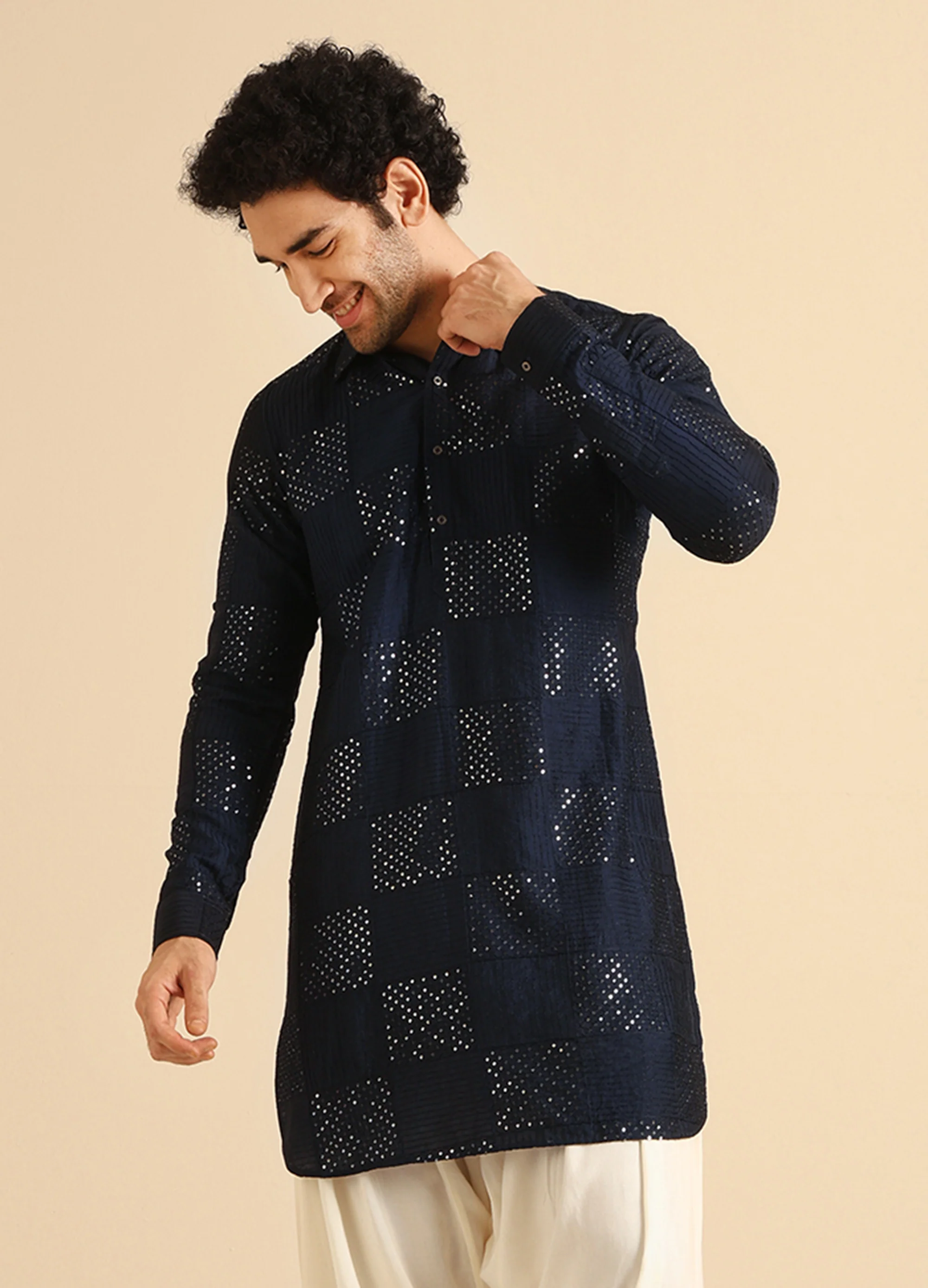 Navy Blue Silk Blend Textured Long Pathani Kurta - Image 7
