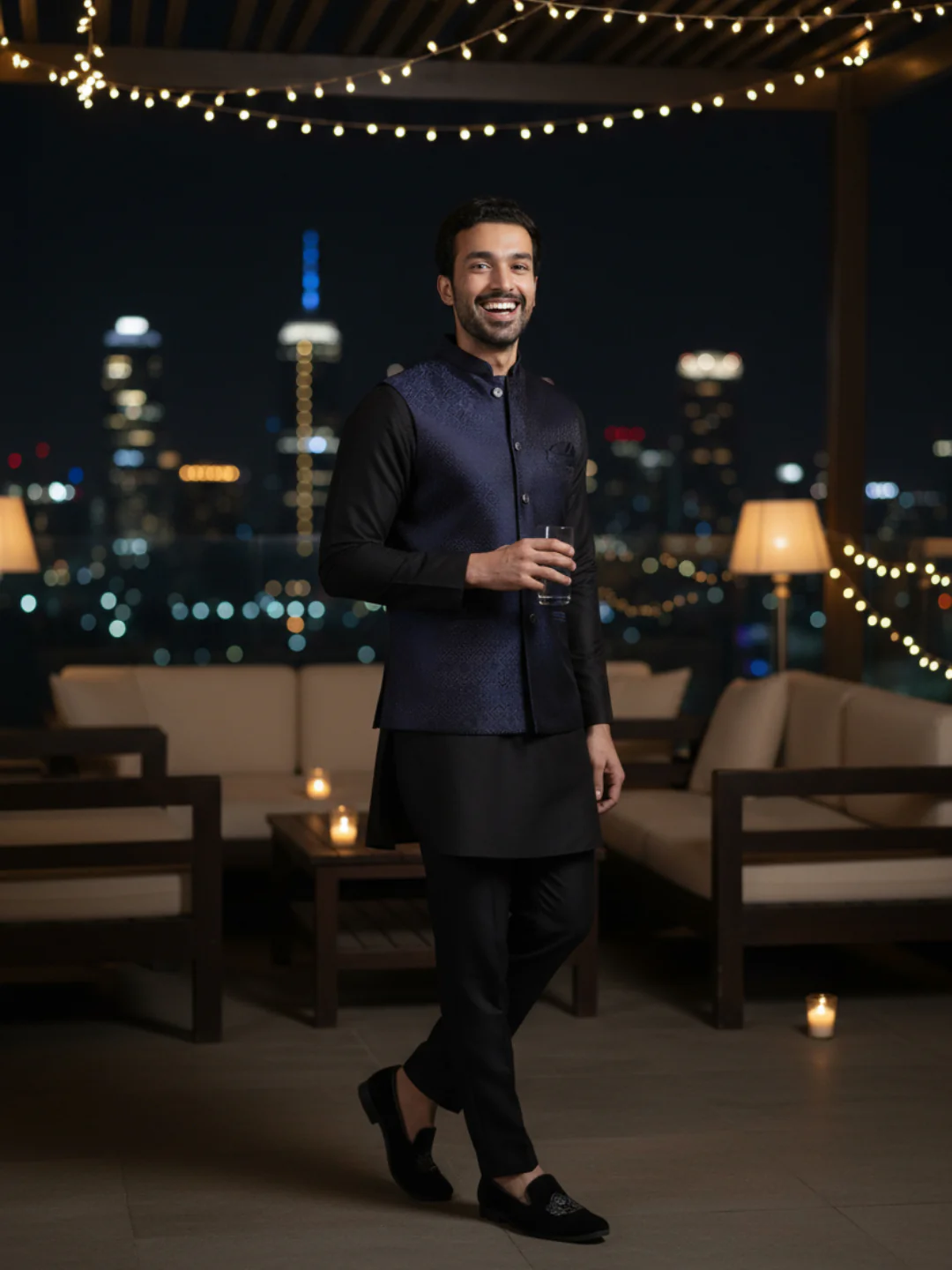 Navy Blue Jacquard Silk Blend Kurta Jacket Set - Image 2