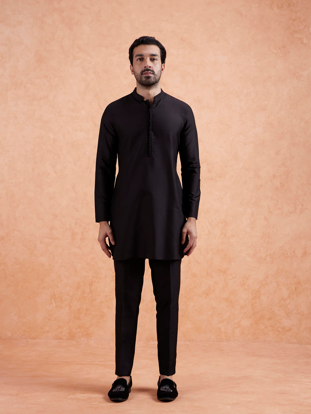 Navy Blue Jacquard Silk Blend Kurta Jacket Set - Image 9