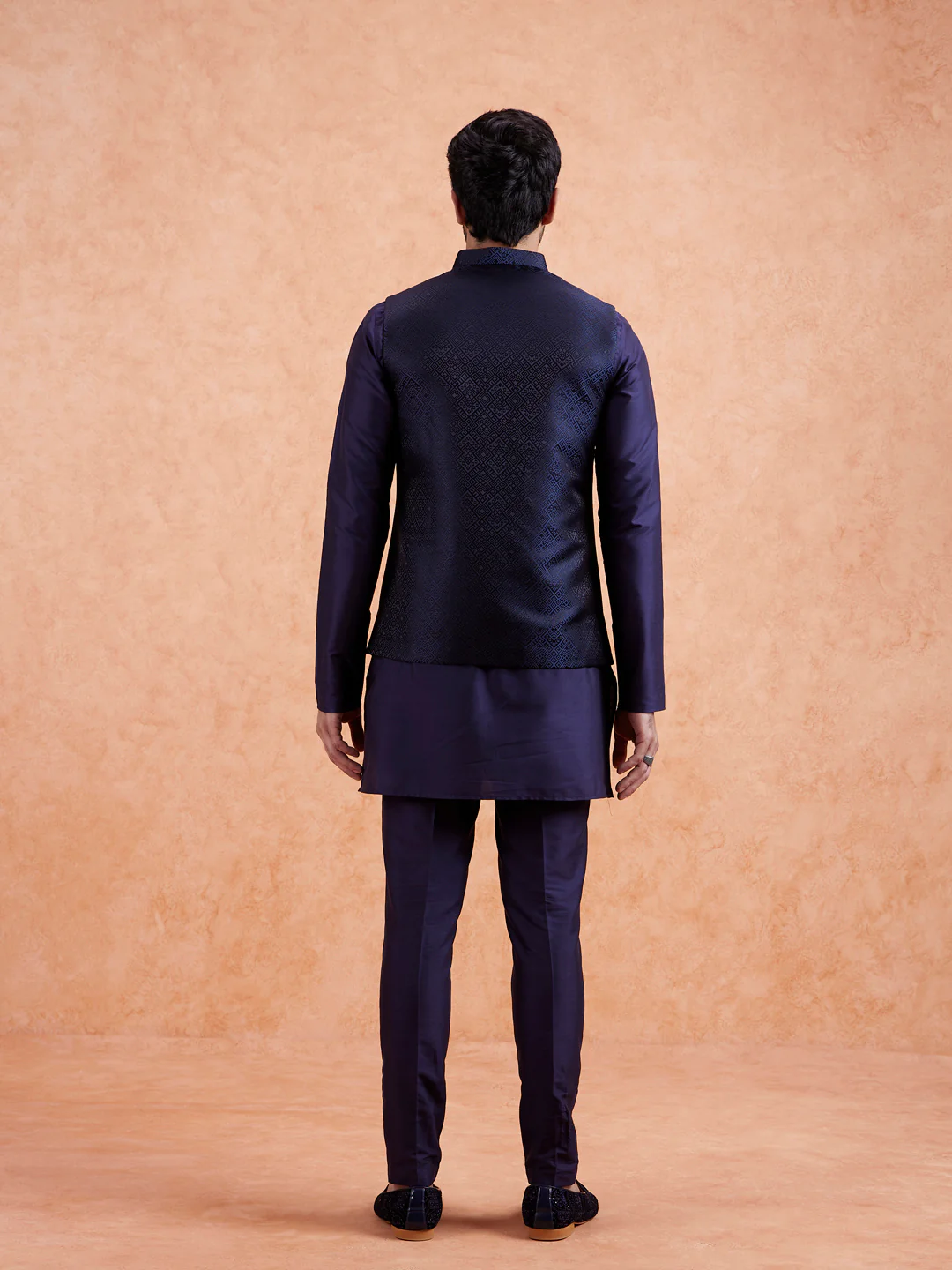Navy Jacquard Kurta Jacket Set - Image 4