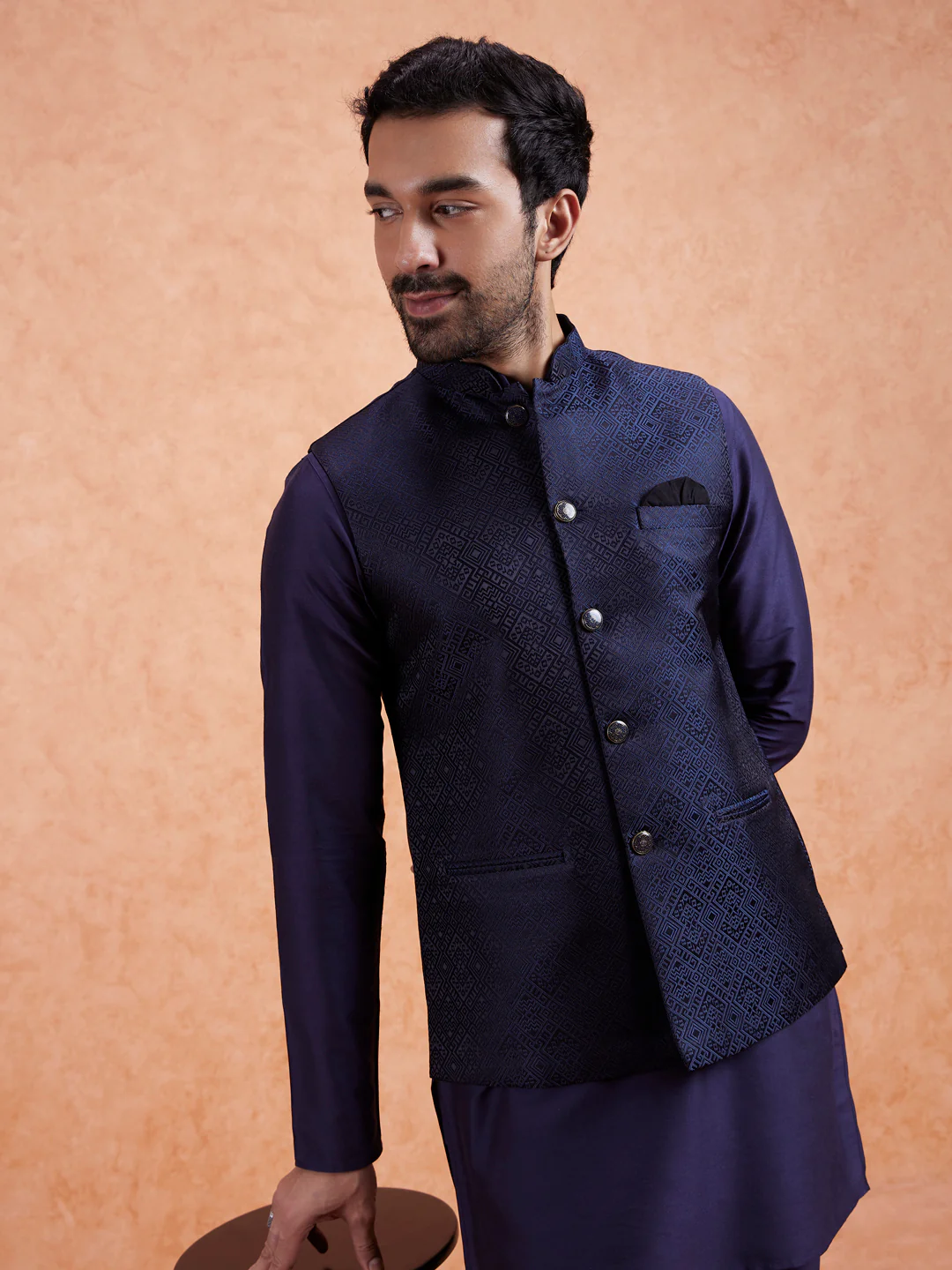 Navy Jacquard Kurta Jacket Set - Image 6