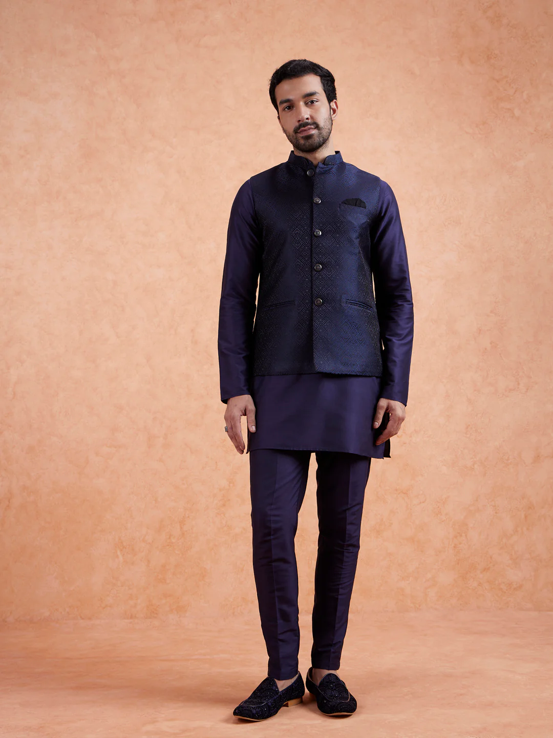 Navy Jacquard Kurta Jacket Set - Image 9