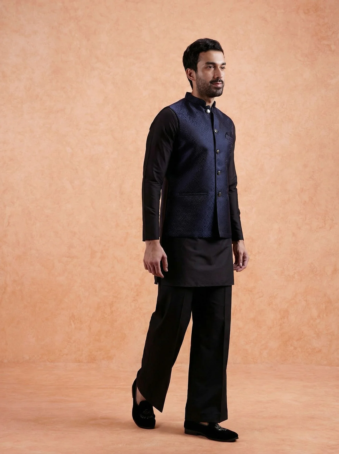 Navy Blue Silk Blend Textured Mid Kurta Jacket Wide Leg Trouser Set