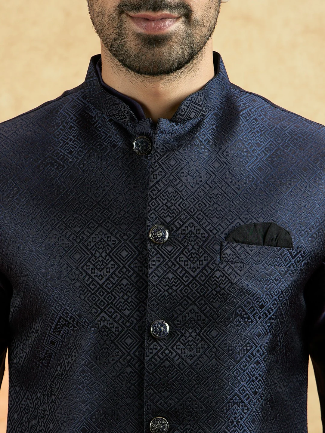 Navy Blue Silk Blend Textured Mid Kurta Jacket Wide Leg Trouser Set - Image 4