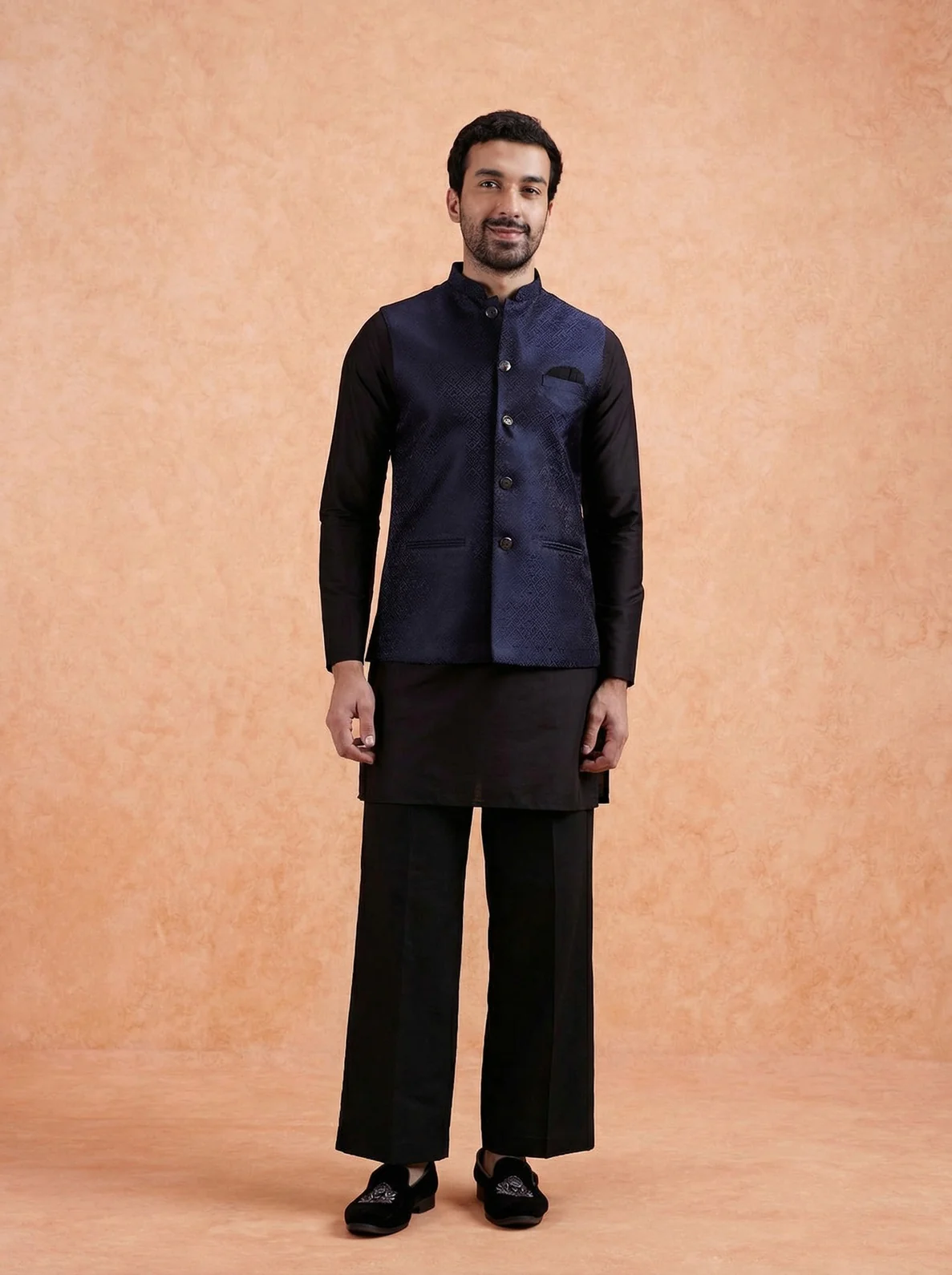Navy Blue Silk Blend Textured Mid Kurta Jacket Wide Leg Trouser Set - Image 6