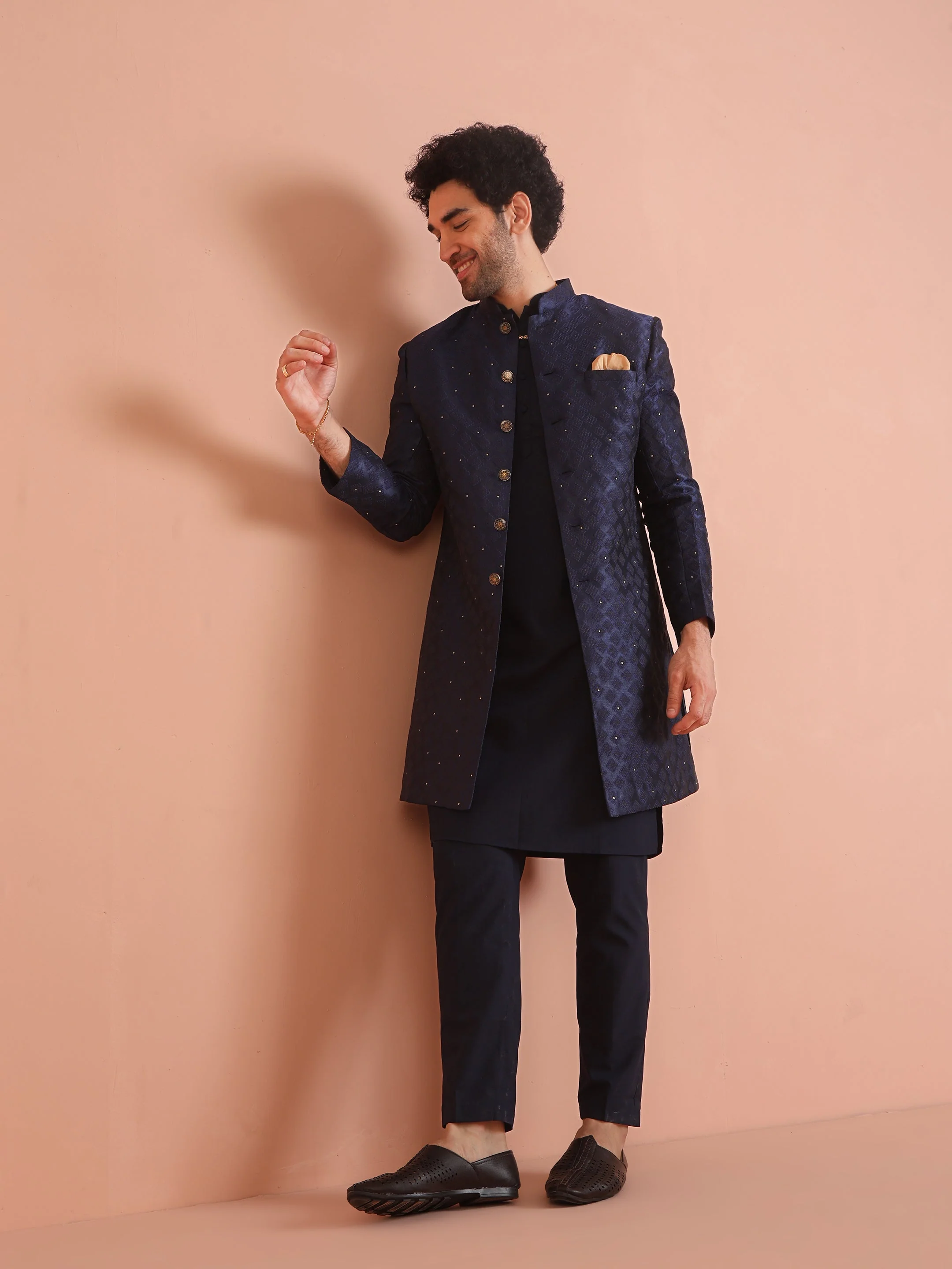 Navy Blue Silk Blend Textured Sherwani Set - Image 2