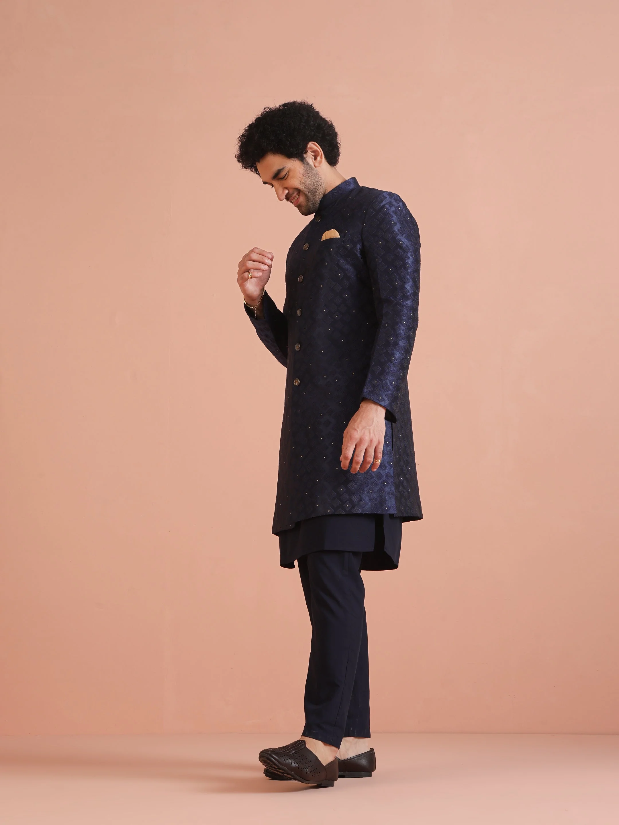 Navy Blue Silk Blend Textured Sherwani Set - Image 3