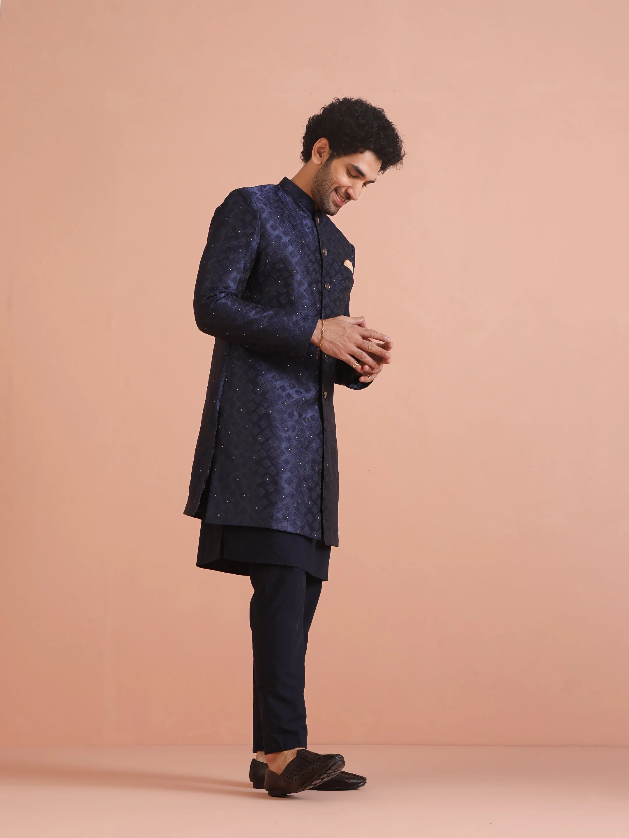 Navy Blue Silk Blend Textured Sherwani Set - Image 4