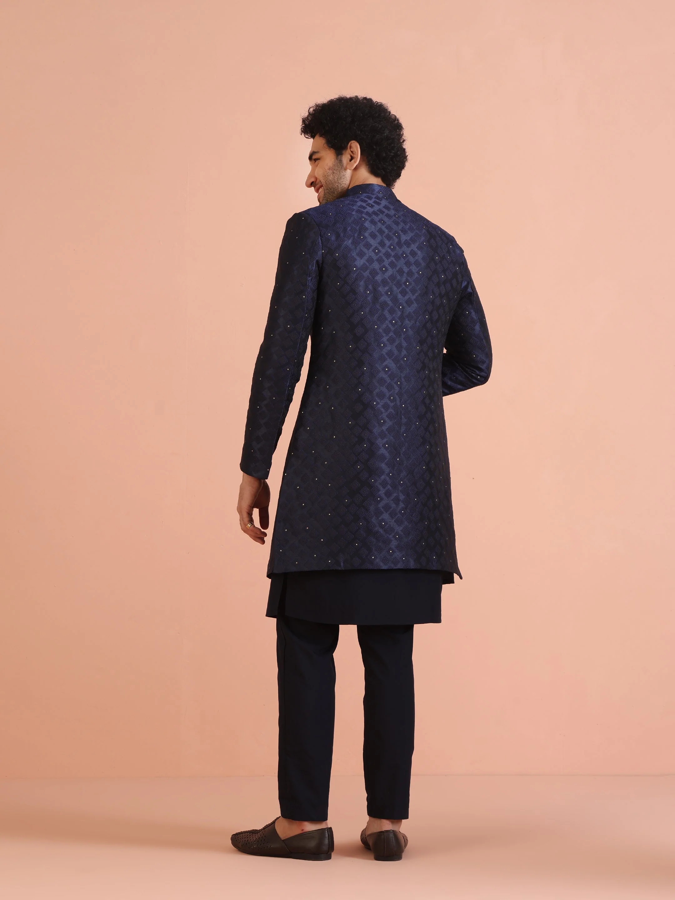 Navy Blue Silk Blend Textured Sherwani Set - Image 5