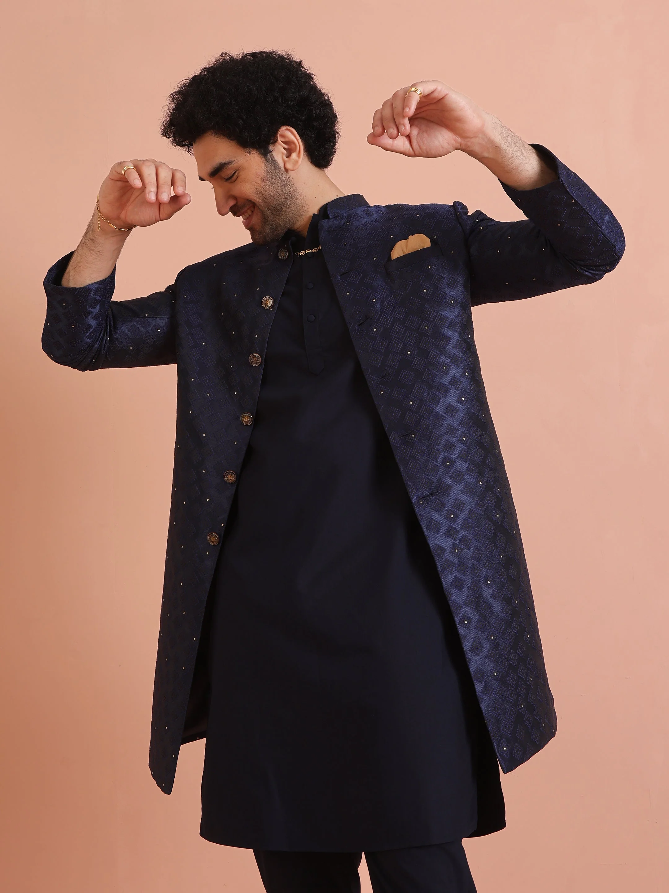 Navy Blue Silk Blend Textured Sherwani Set - Image 8