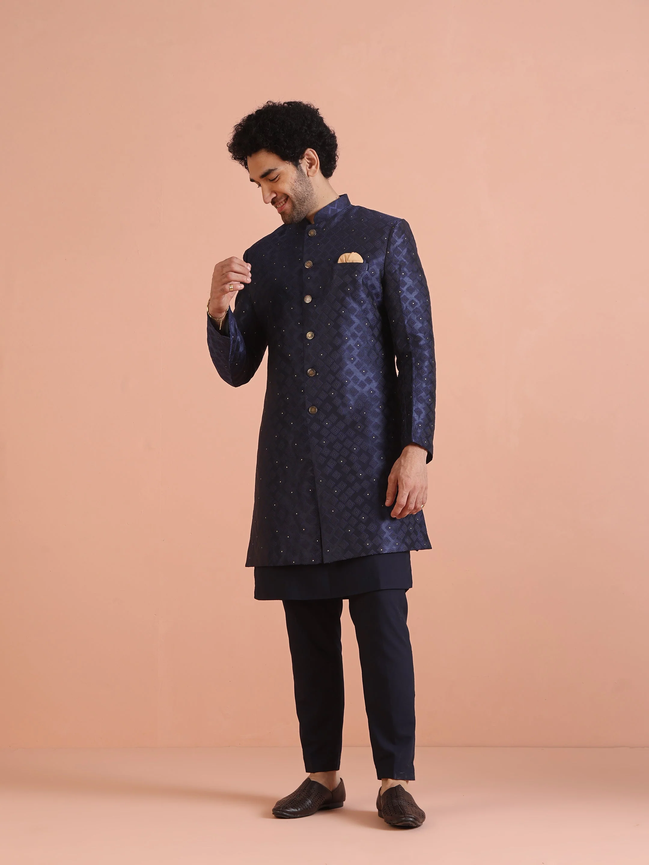 Navy Blue Silk Blend Textured Sherwani Set - Image 9