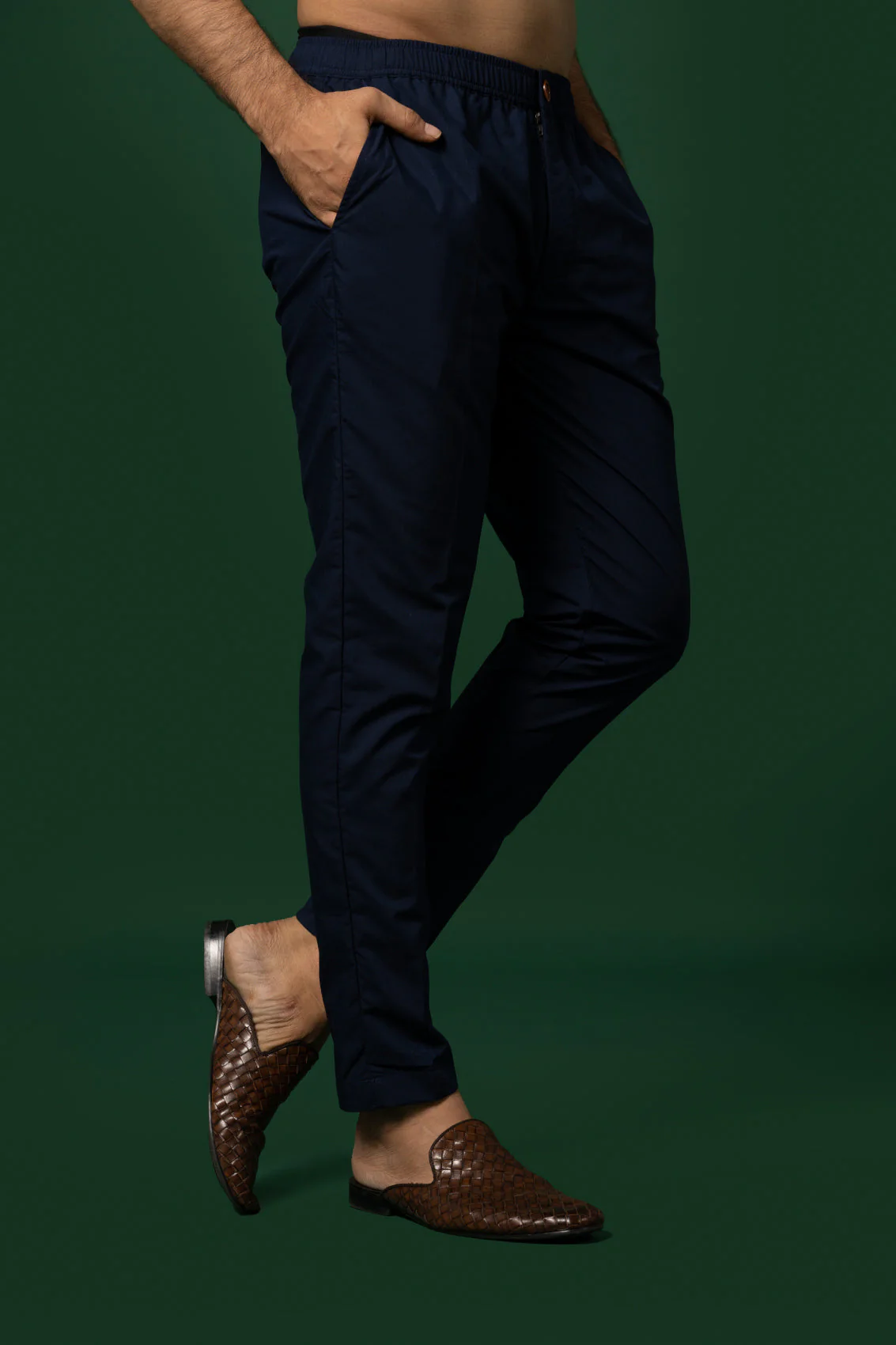 Navy Blue Solid Cotton Blend Trouser - Image 3