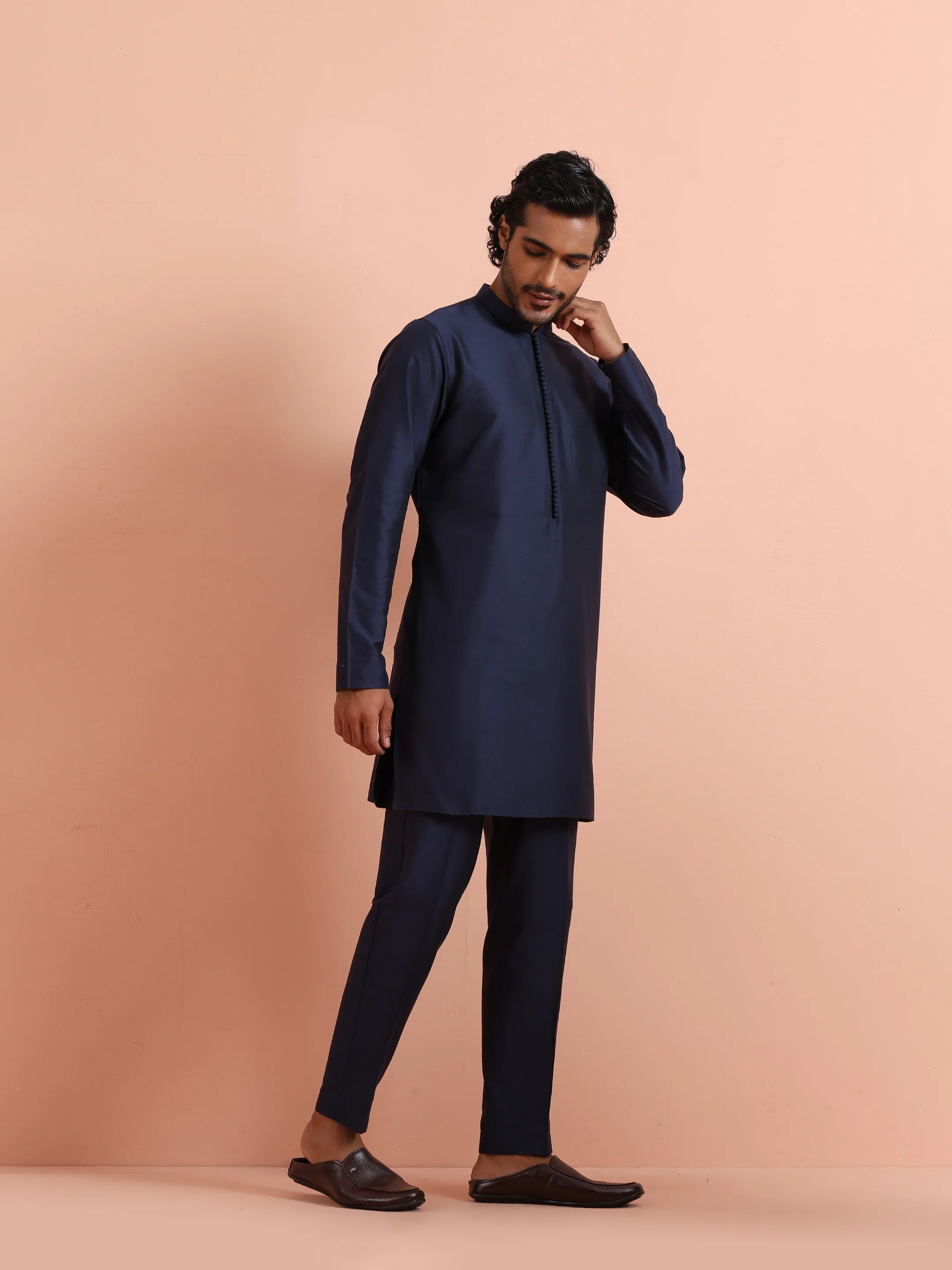 Navy Blue Solid Cotton Kurta Trouser Set - Image 2