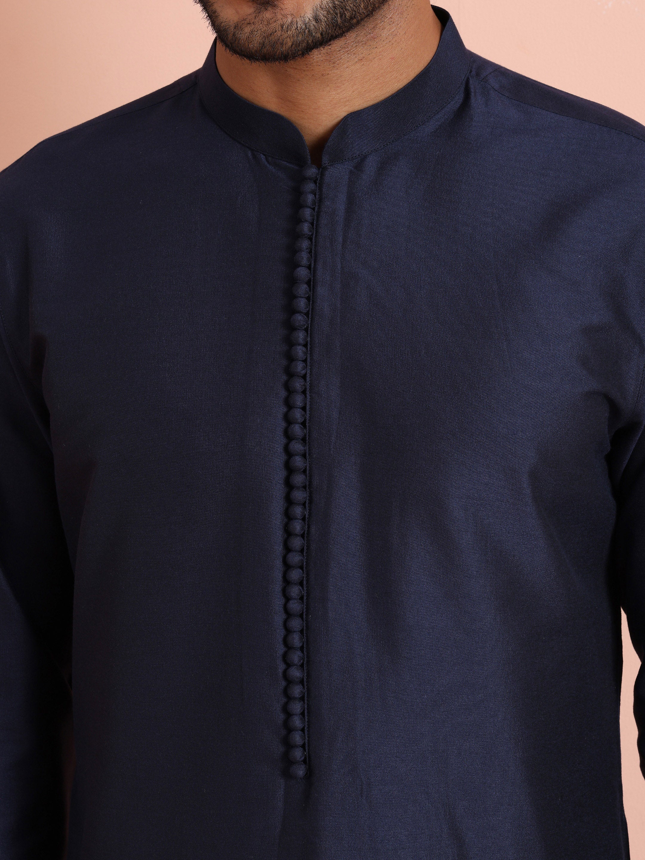 Navy Blue Solid Cotton Kurta Trouser Set - Image 5