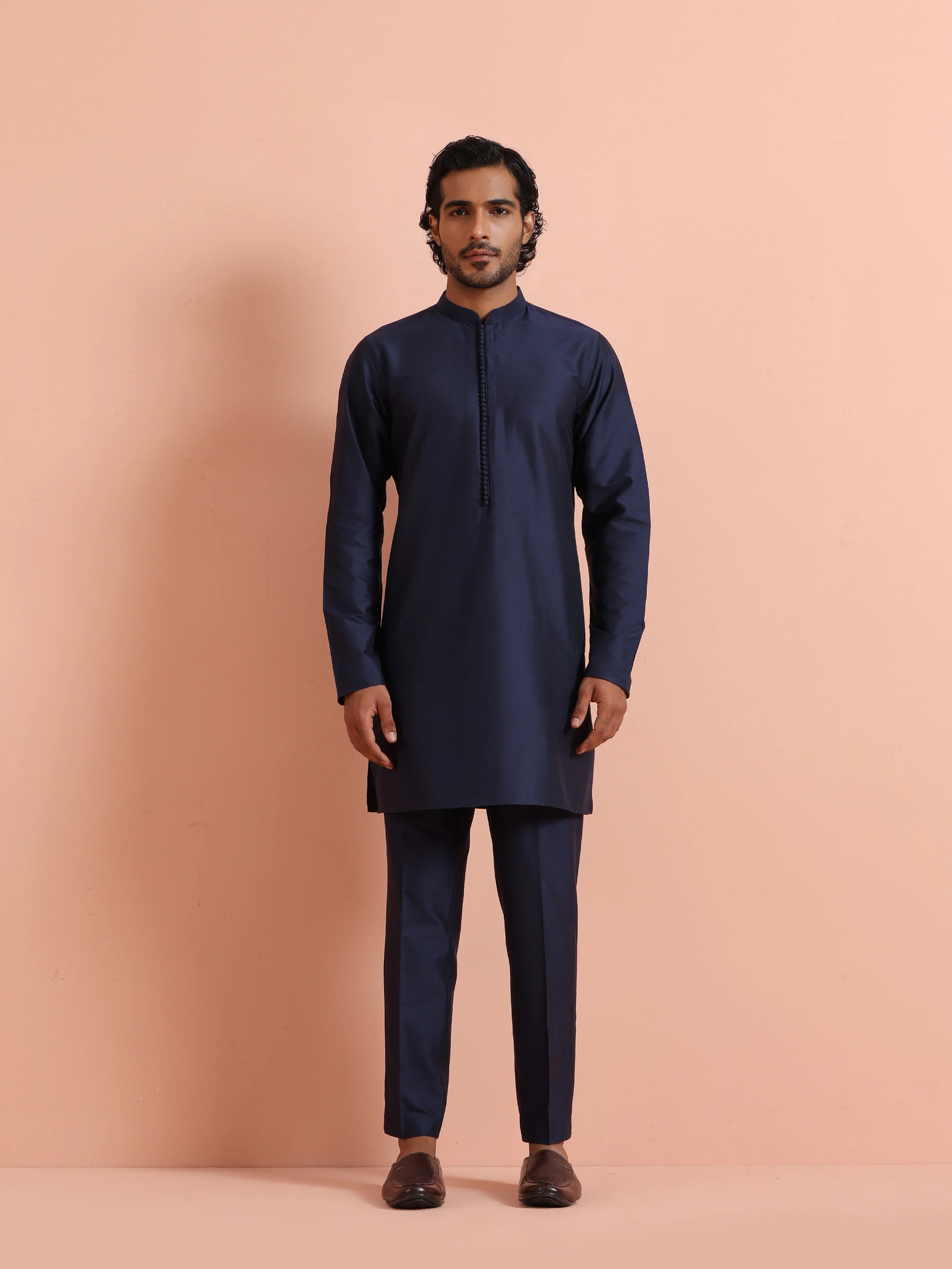 Navy Blue Solid Cotton Kurta Trouser Set - Image 6